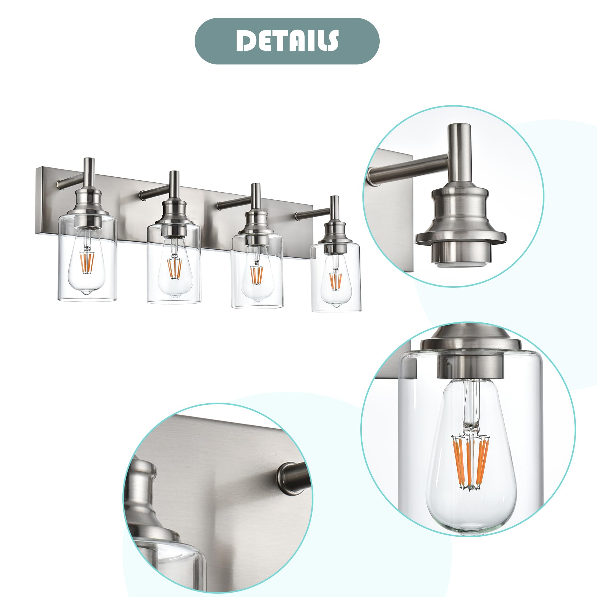 Wanluce 4 Light Bathroom Vanity Light - Brushed Nickel, Modern Farmhouse Wall Sconces With Clear Glass Shade