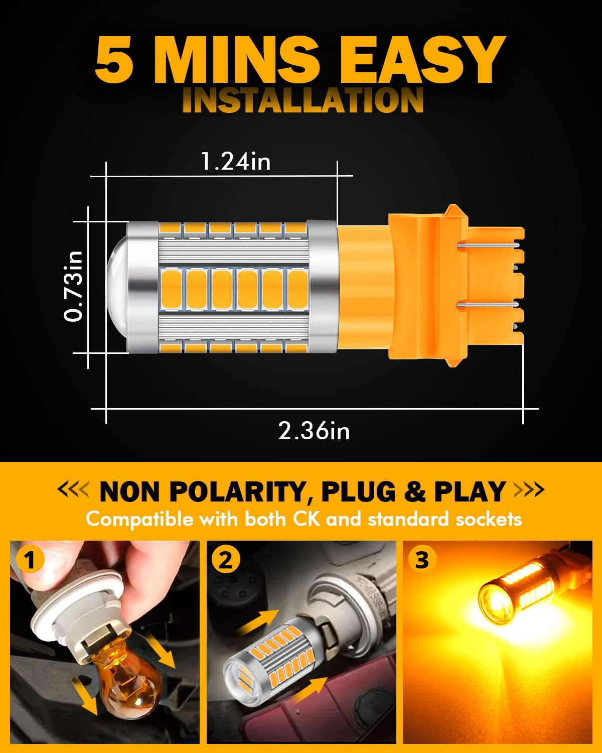 Auxbeam 3157 LED Turn Signal Light Bulbs, Super Bright Amber, Aluminum, Pack of 2
