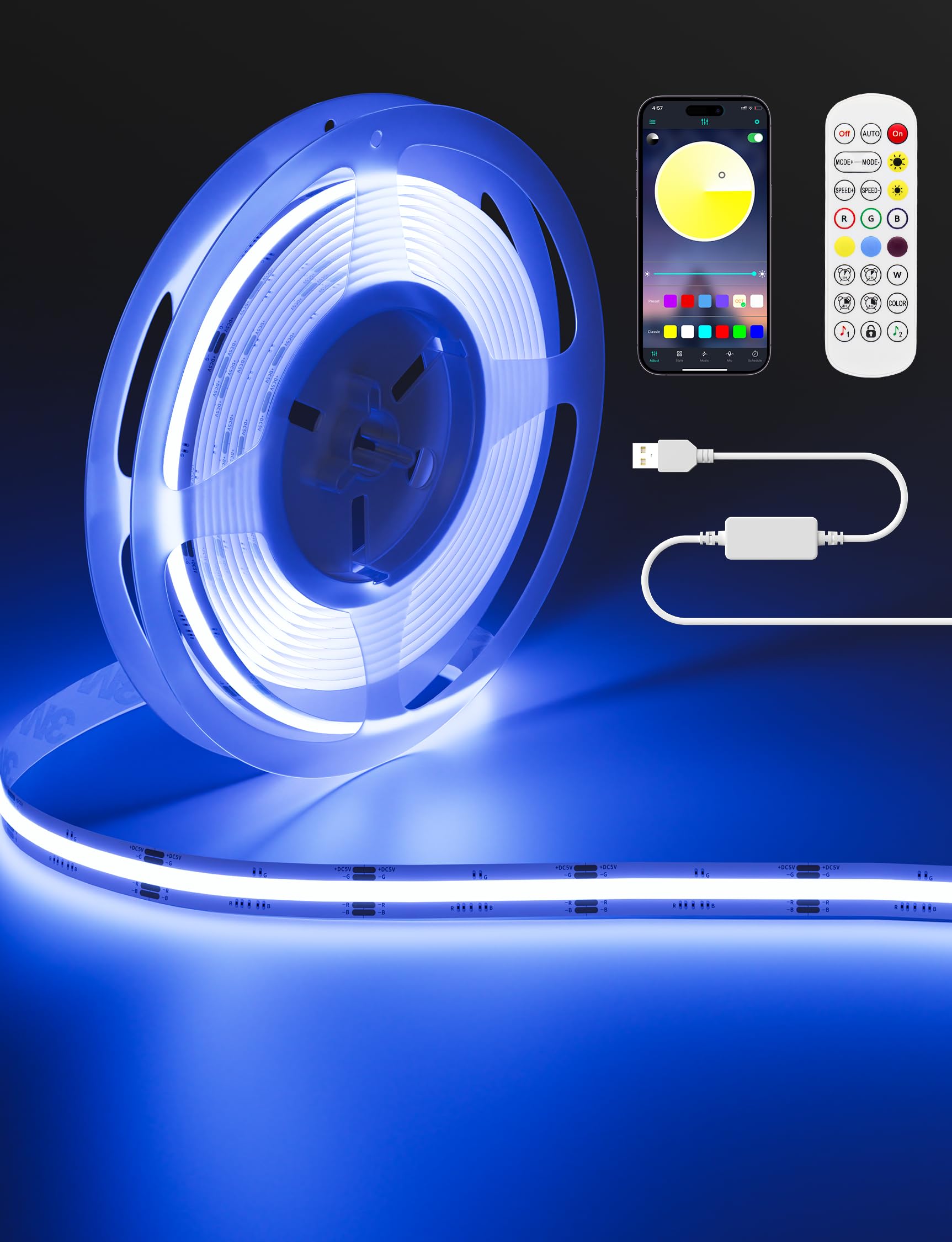 MIWISE 5V USB RGB COB LED Band Light 9.84ft/3m Tape Lights RF & App Control Music Sync Ultra Bright Color Changing Lighting UL-Listed Cuttable & Flexible for Bedroom Kitchen Desk Party Home Decor