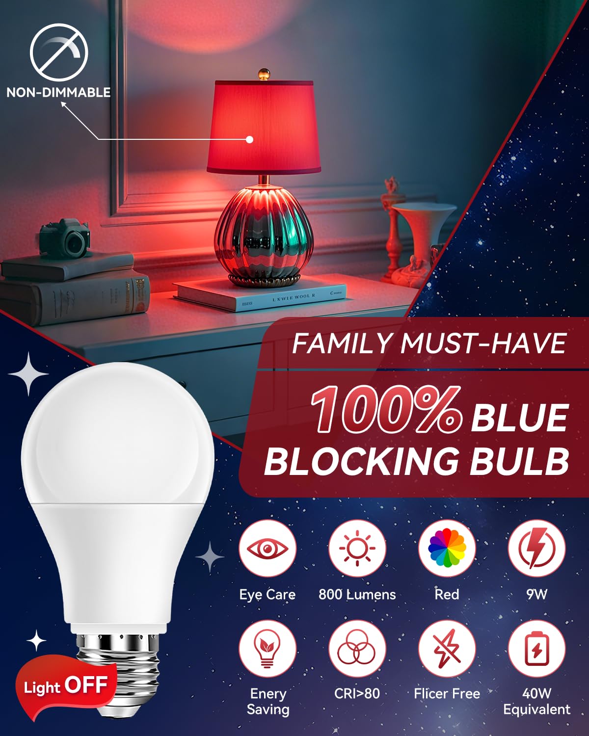 Neporal Red Light Bulbs - 3W LED Night Light for Sleep, 6 Pack, A19 40W Equivalent, 100% Blue Light Blocking, ABS Material