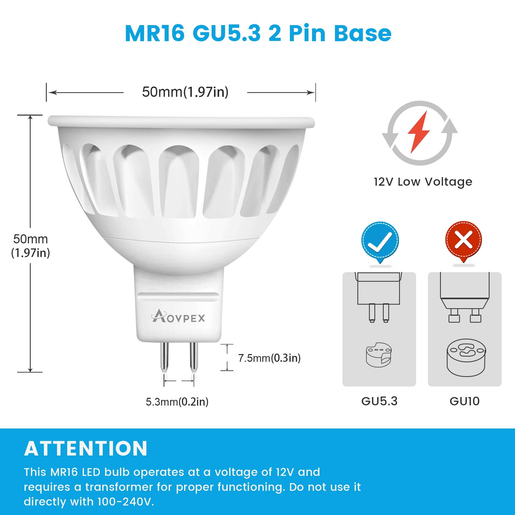 Aovpex Dimmable Mr16 Led Bulbs 50W Halogen Equivalent Landscape Light Bulbs, 5000K Daylight White 5W Gu5.3 Mr16 12V Spotlight Bu