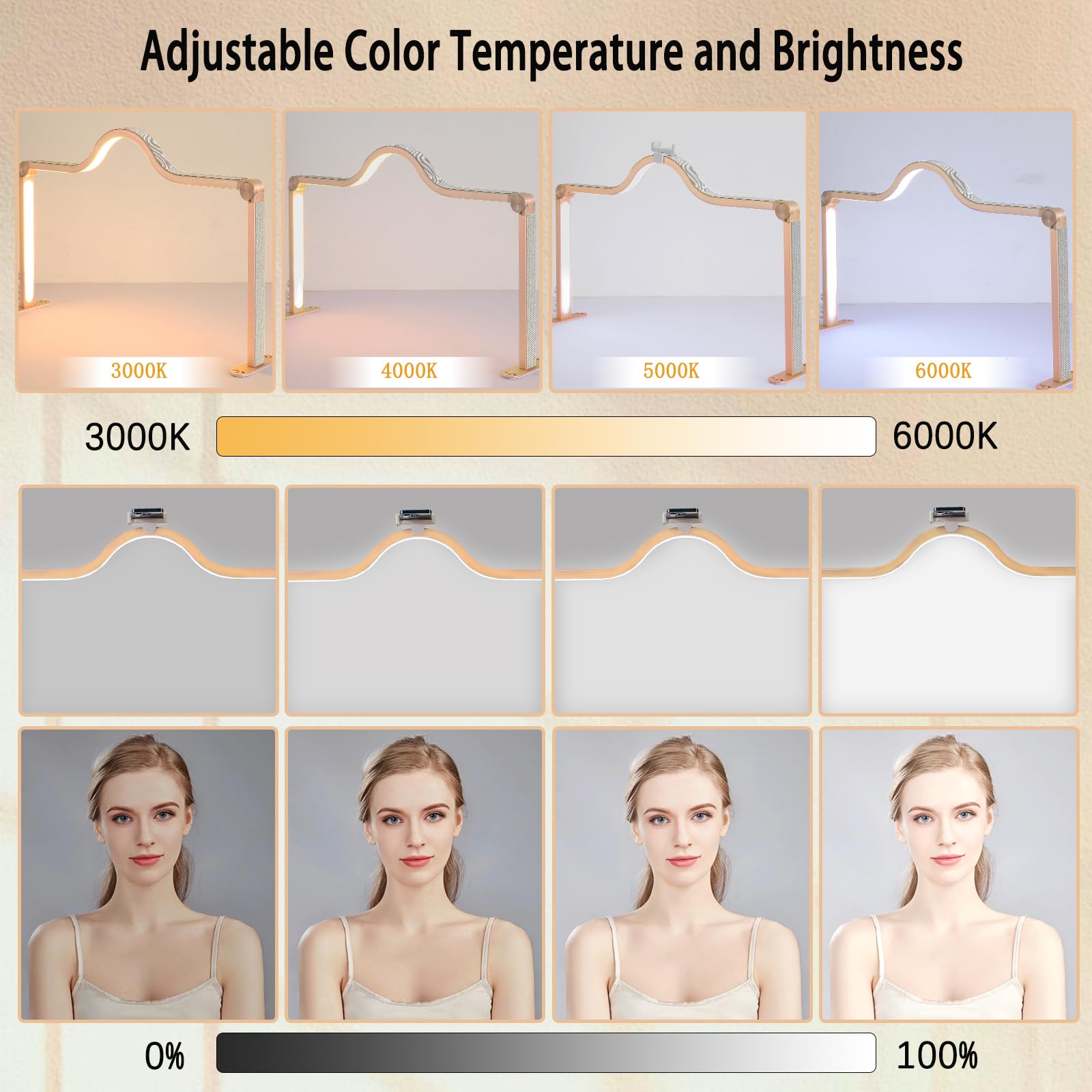 KEDAO Nail Tech Lamp - Adjustable Dimmable LED Half Moon Light, 34 Inch, Aluminum, Gold