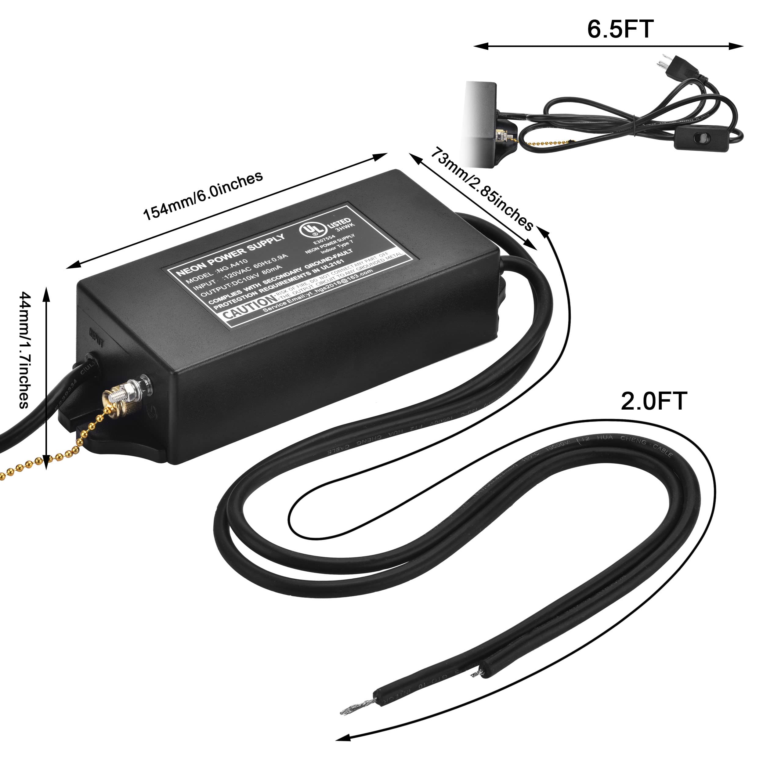 ZODZ 10KV Power Supply for Neon Signs - UL Approved, Black, Model A410, 120V 50/60Hz