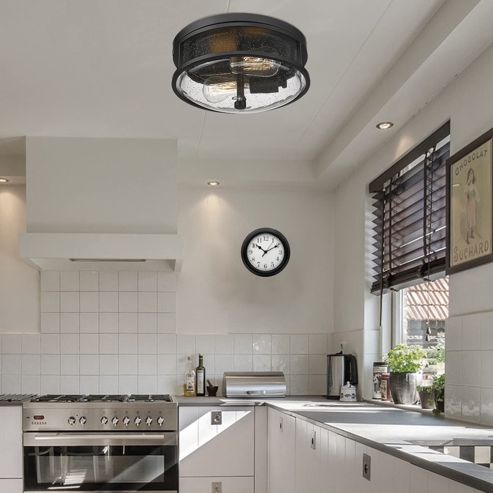 Rosient Flush Mount Ceiling Light Fixture, 12 Inch 2-Light Modern Farmhouse Semi Ceiling Light With Seeded Glass For Bedroom, En