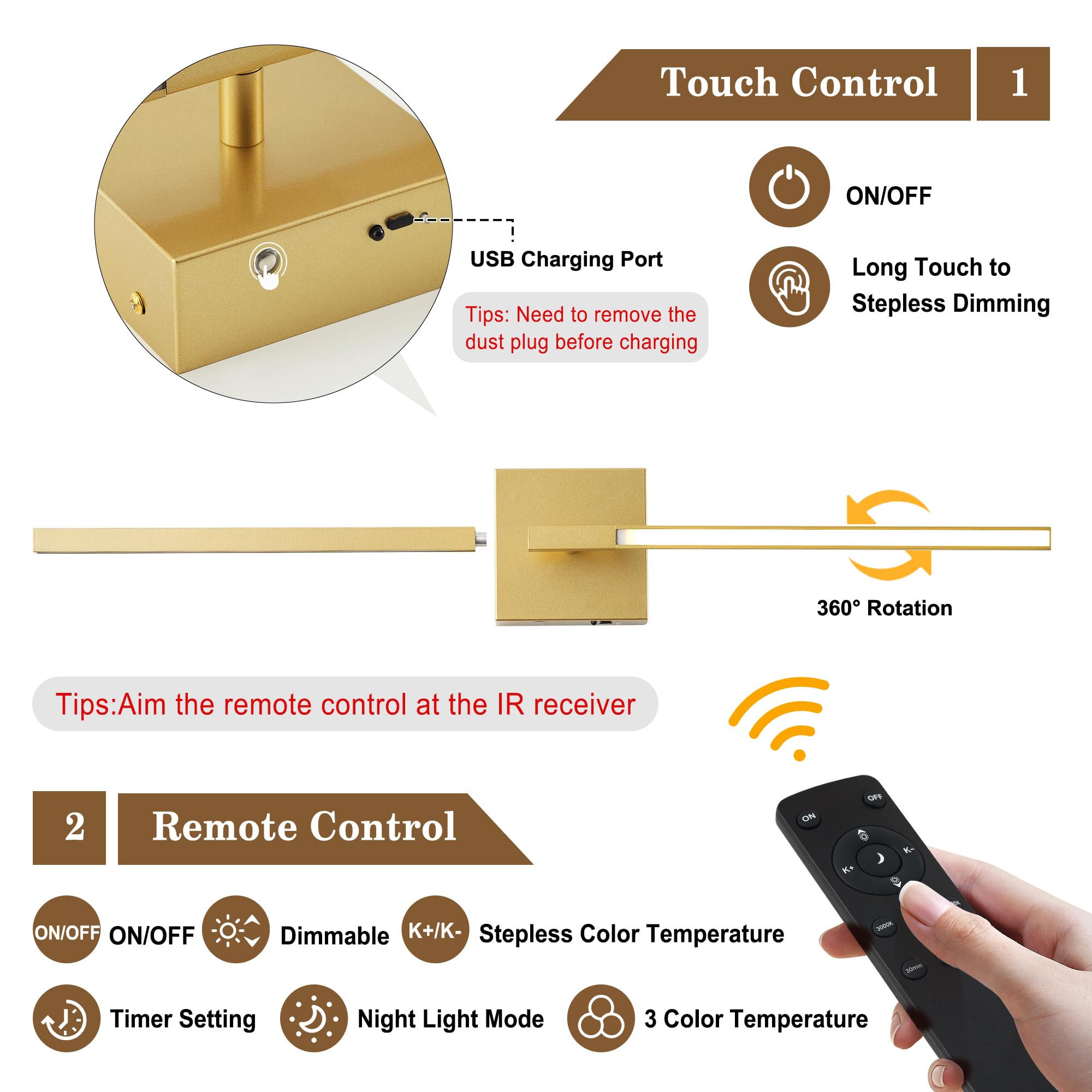 KARTOOSH Wireless Wall Sconce - 28.3" Gold Modern Lamp with Remote, Adjustable Light Color & Brightness, Battery Operated, Model ZM320BGD70-1A