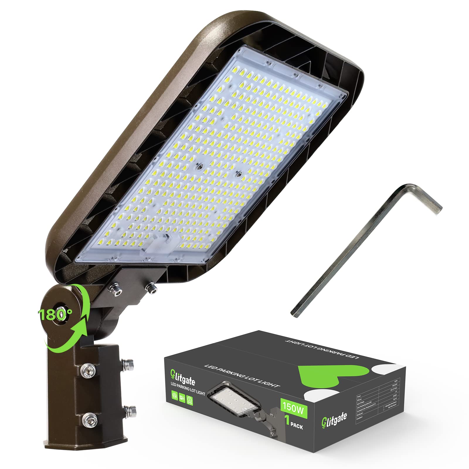 Glitgate 150W Parking Lot Light, 22500LM 5000K Adjustable Slip Fitter Mount Street Light with Dusk to Dawn Photocell, 100-277V IP65 Waterproof LED Shoebox Light for Yard, Roadway