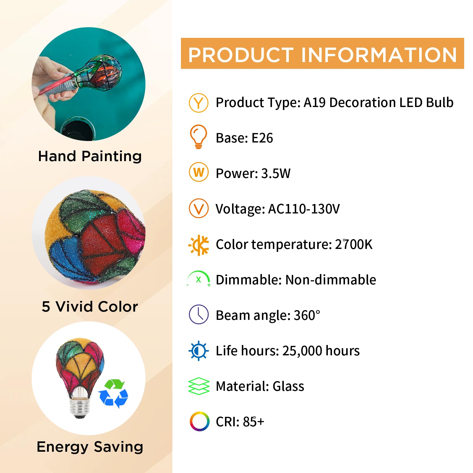 Valucky Non-Dimmable Stained Glass Led Light Bulb,120V 3.5W E26 Base A19/A60 Color Bulb For Home Light,Party,Festive Decoration,