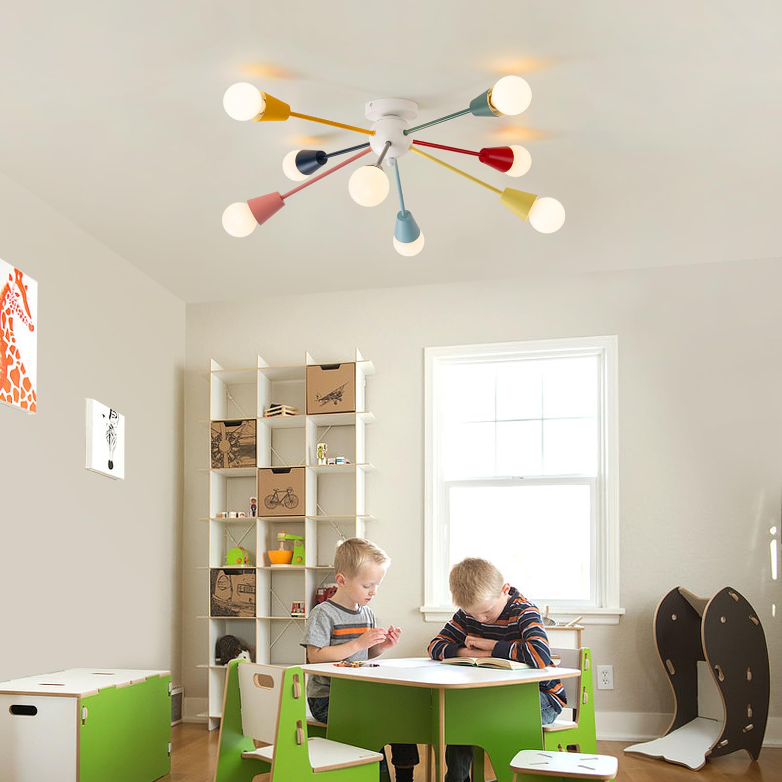 Ymlii 8-Light Modern Sputnik Chandelier, Multicolor Rainbow Semi Flush Mount Ceiling Light for Kids, Living Room, Dining Room, Bedroom