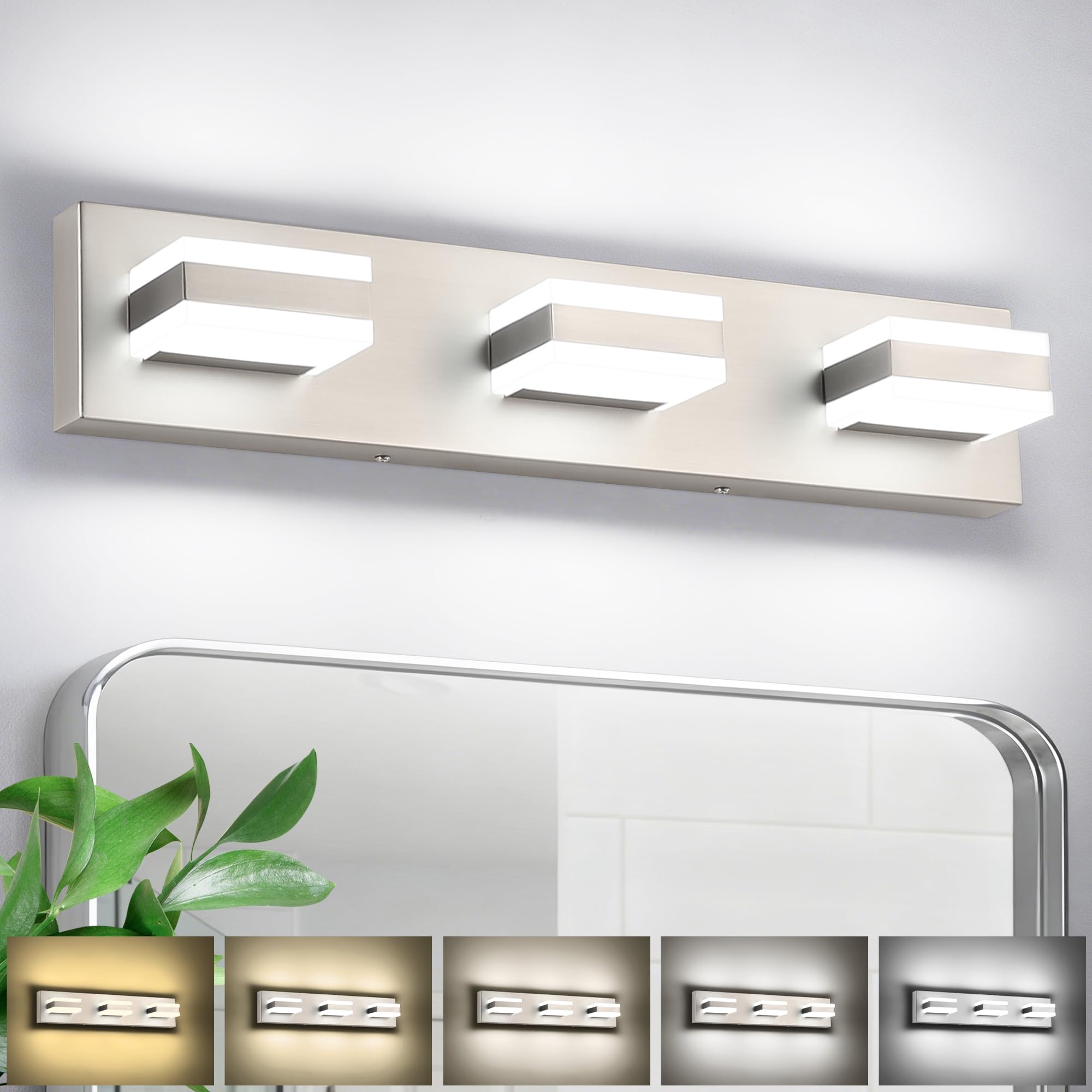 SOLFART Vanity Lighting Over Mirror  3 Lights Brushed Nickel Bathroom Light  Modern LED Light Fixtures  5 Color Temperature Adjustable Modern Light for Bathroom