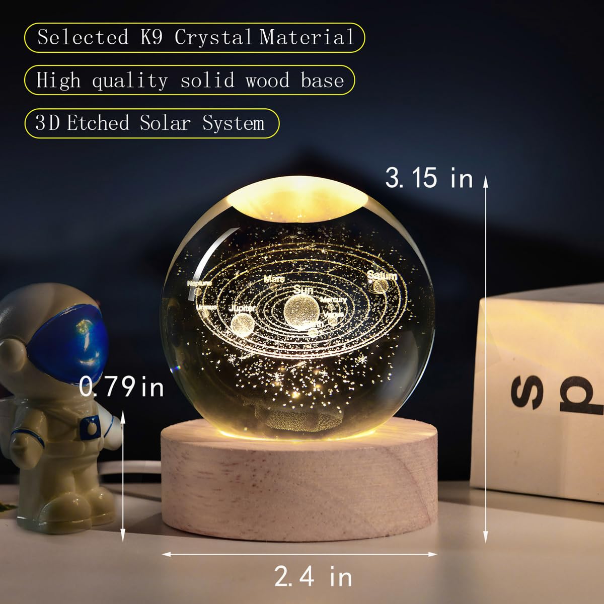 QIANCHANG Solar System 3D Crystal Ball Night Light, 60mm Glass Sphere Lamp, Decorative Crystal Paperweight, Galaxy Design