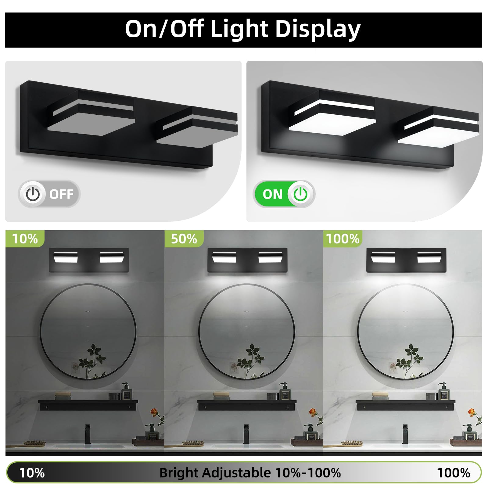 Okeli 3-Light Modern Led Vanity Light, Matte Black, 24 Inch, Etl Listed, Cold White