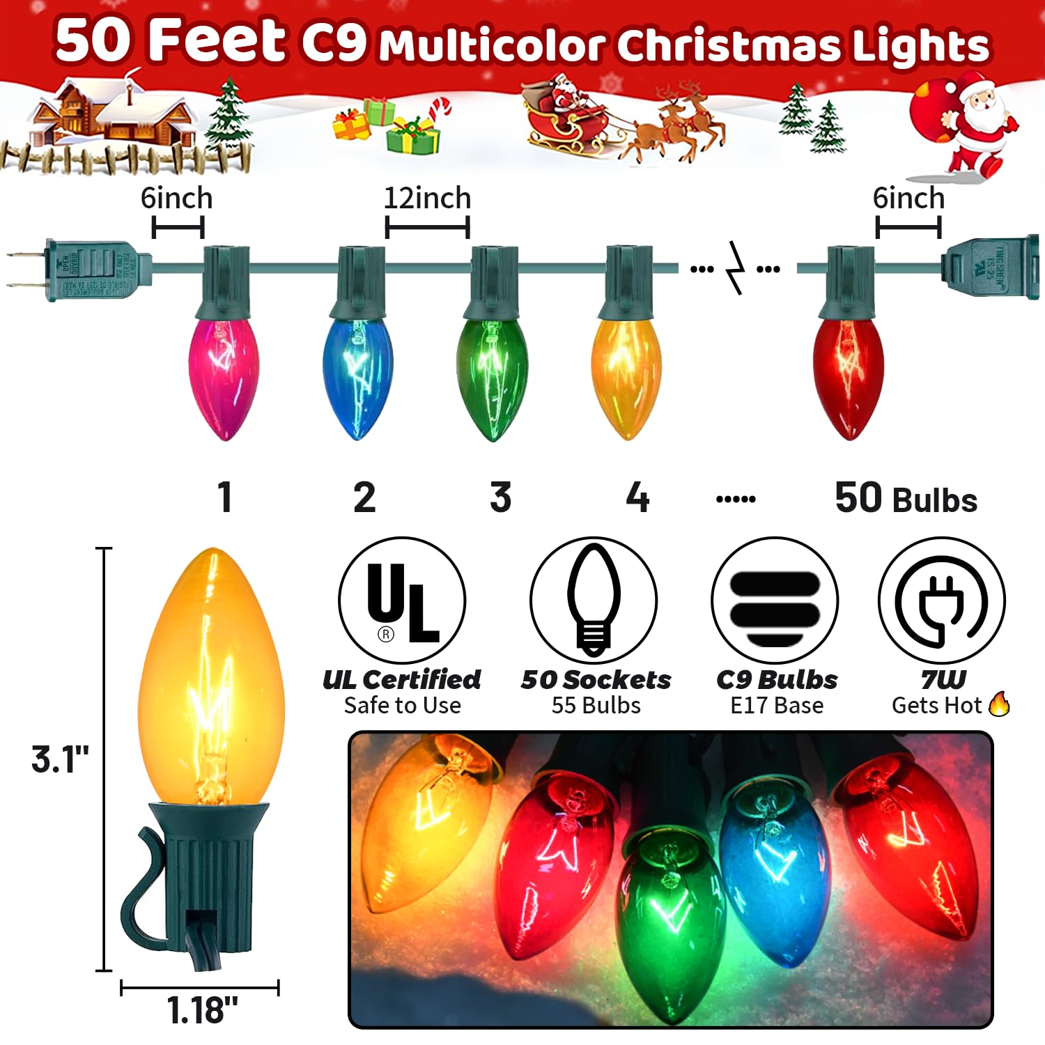 50Ft C9 Christmas Lights Outdoor Vintage Multi-Colored Christmas Lights 50 Count + 5 Spare Bulbs  Old Fashioned Colored C9 String Lights For Outdoor Holiday Xmas Trees House Roof Porch Yard Decor  7W