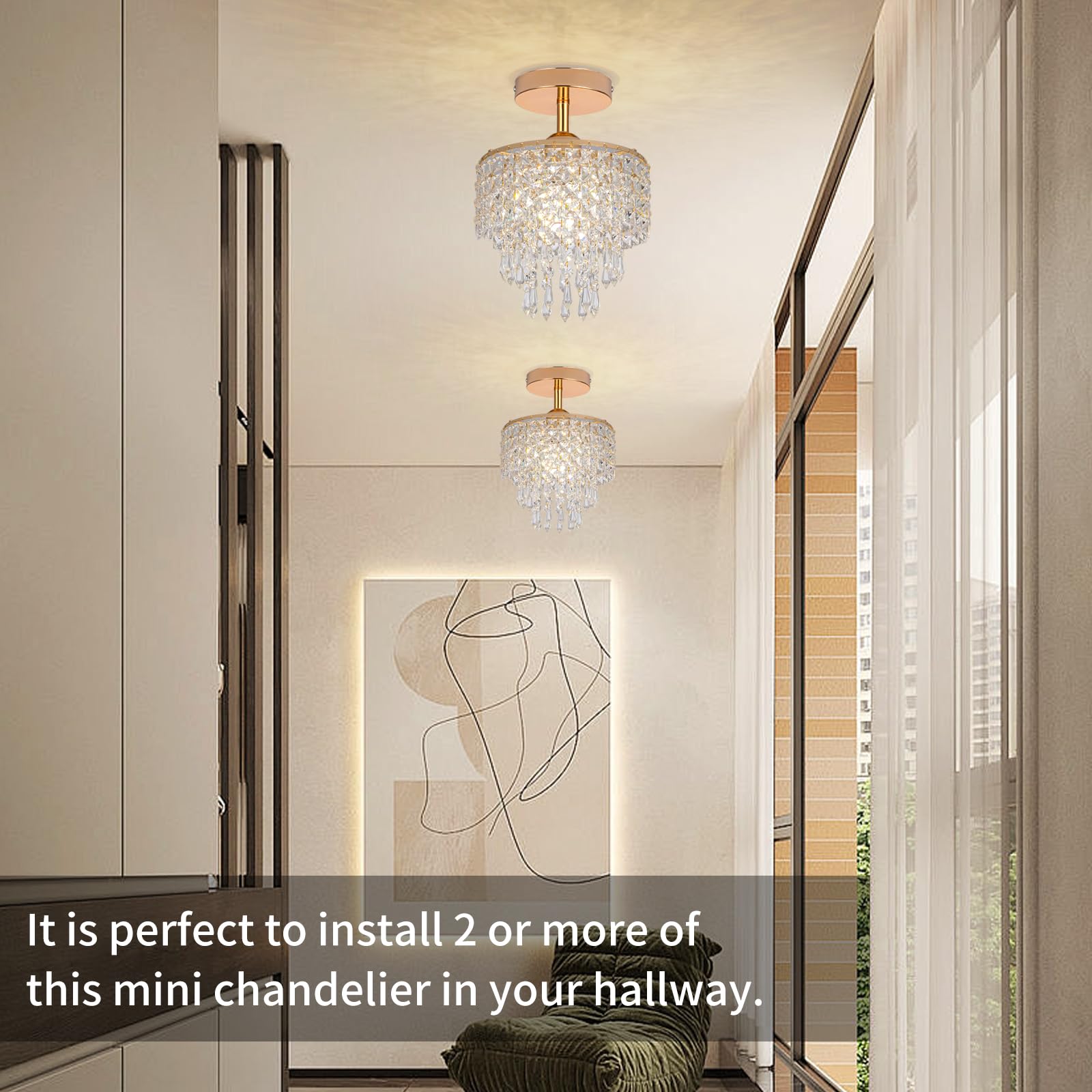 HongnuoFc Mini Crystal Chandelier, 3-Tier Raindrop Flush Mount Light, Gold Finish, Ideal for Bedroom, Kitchen, Bathroom, Model HN013