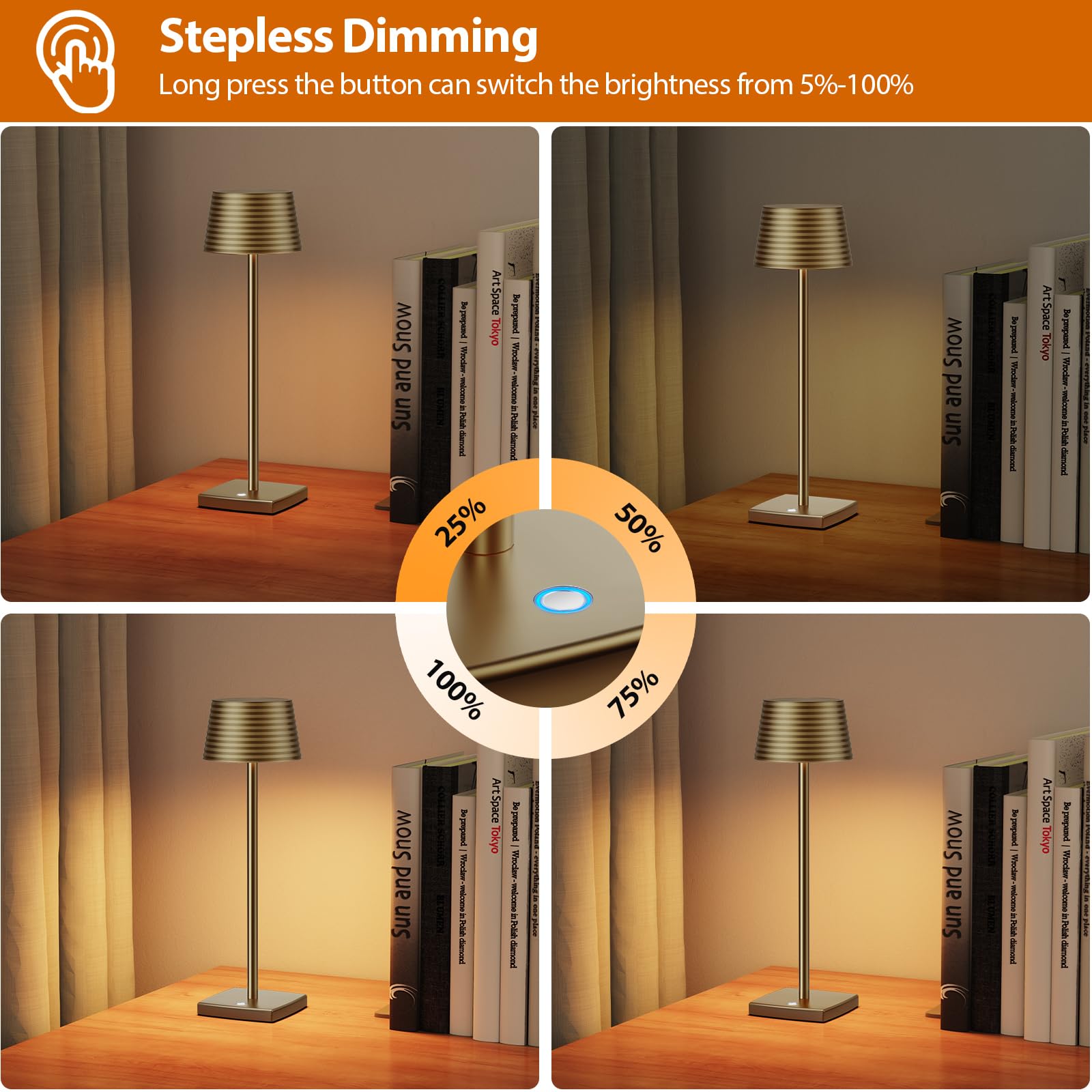 YIBEN Cordless Table Lamps 6000mAh LED Portable Lights IP54 Waterproof 3 Colors Dimming Small 2pack Titanium Model S816