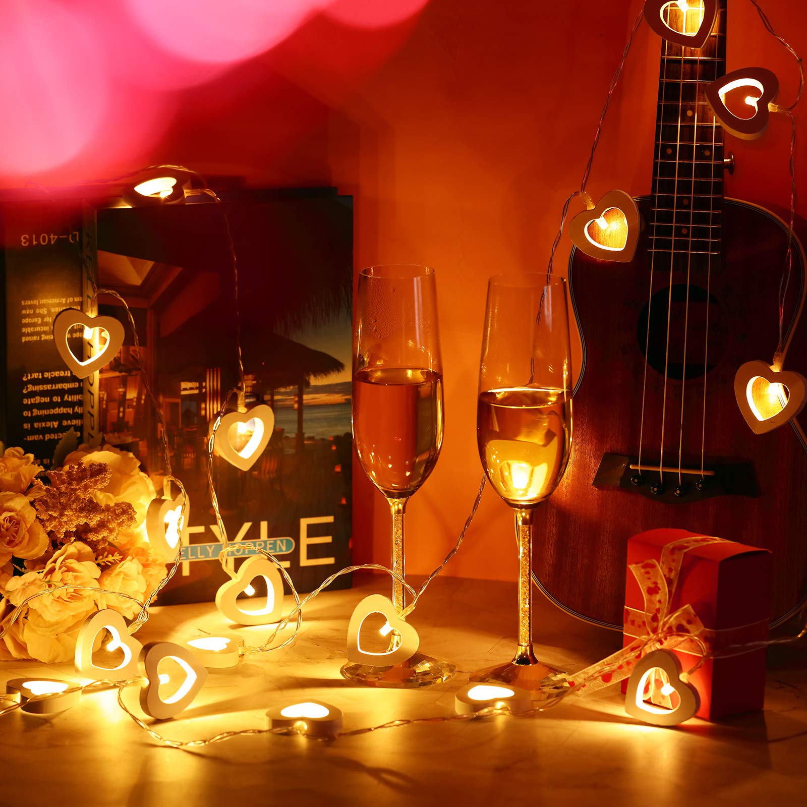 Mudder Valentines Day Wooden Heart String Lights LED Fairy Hanging Love Lights Lamp Battery Operated Valentines Day Decoration f
