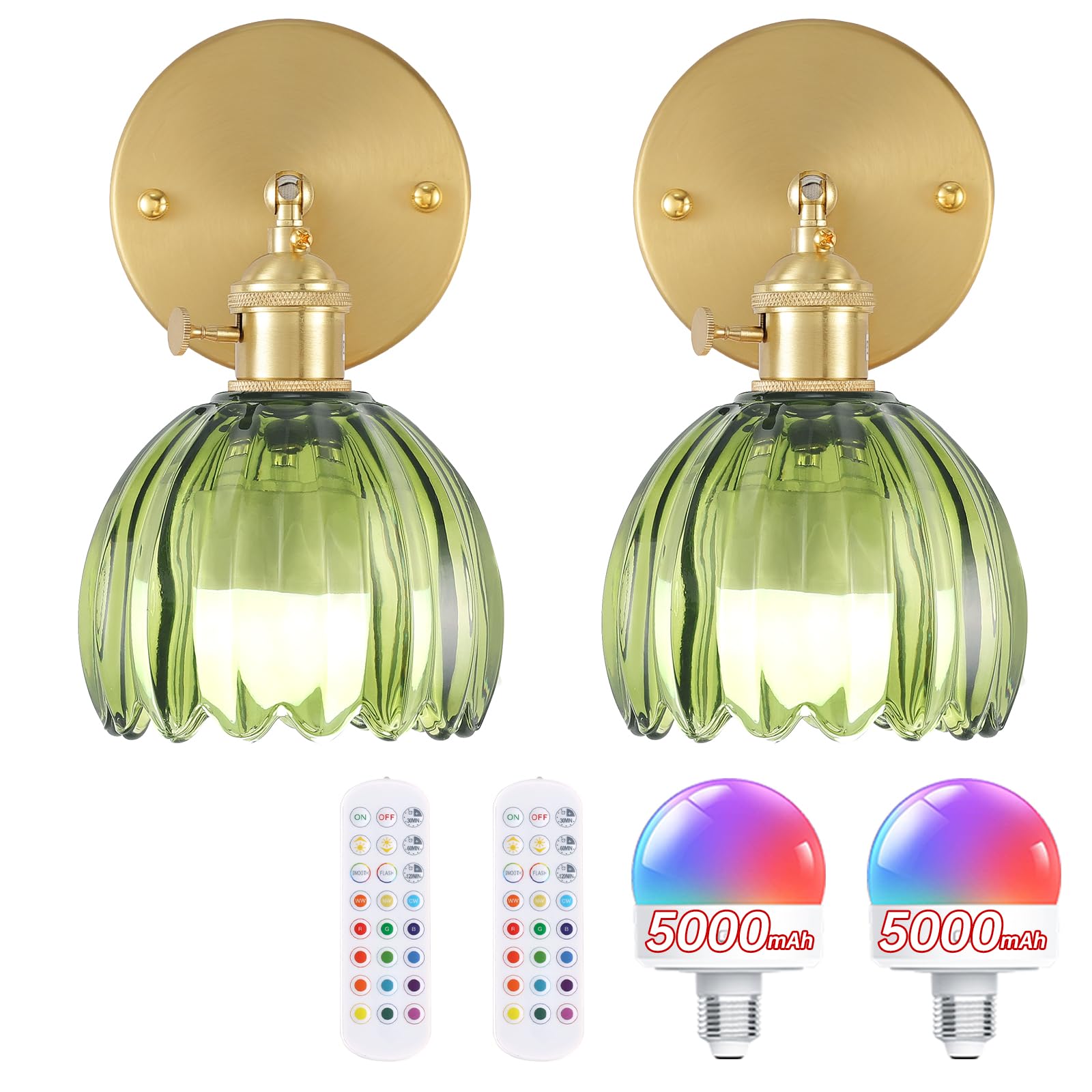 Shenmoyl Vintage Wall Sconce, Battery Operated, Remote Control, Set of 2, Tulip Green, Model 1-9342