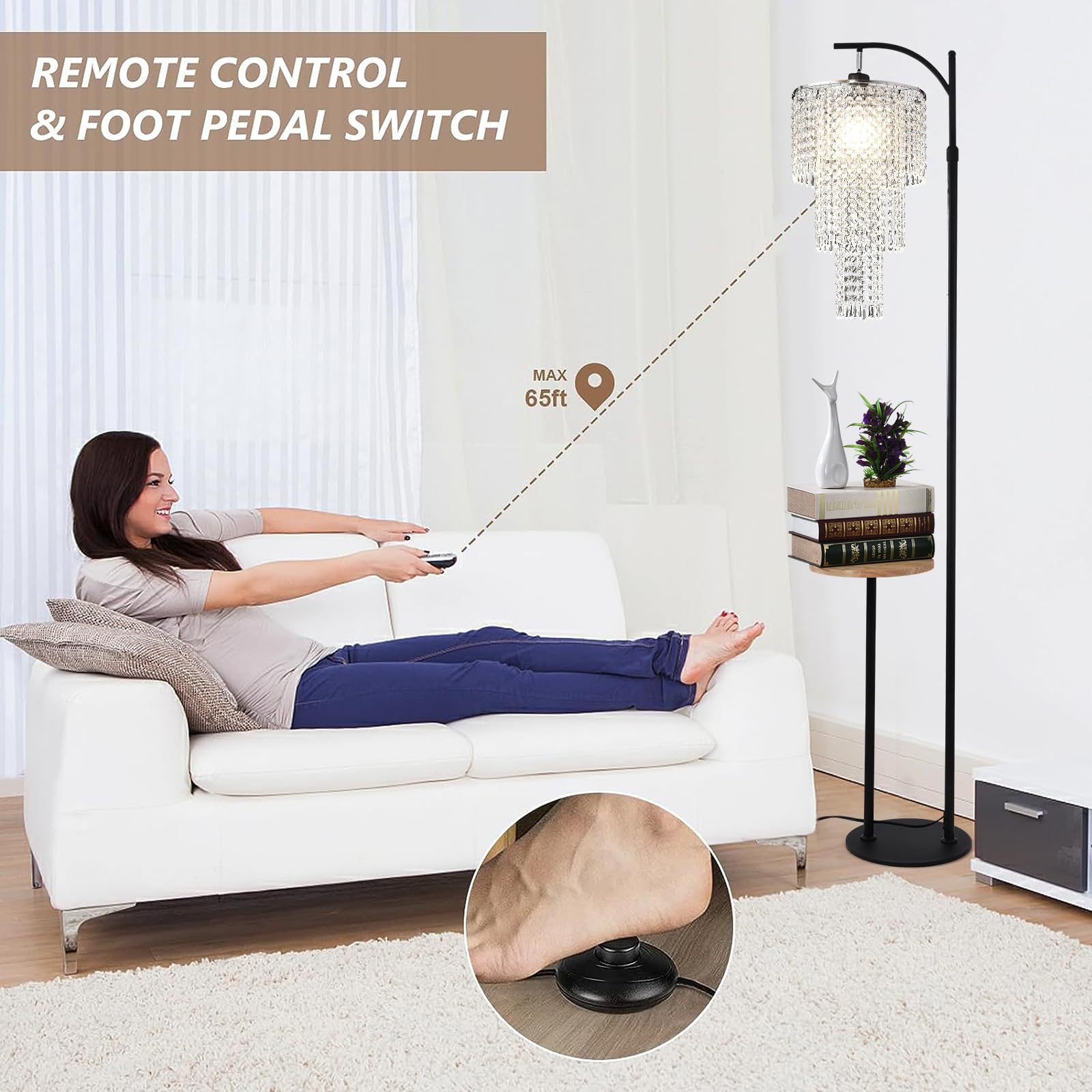 Arc Floor Lamp With Table And Shelves,Crystal Floor Lamps For Living Room,Dimmable Elegant Modern Led Floor Standing Lamp With R