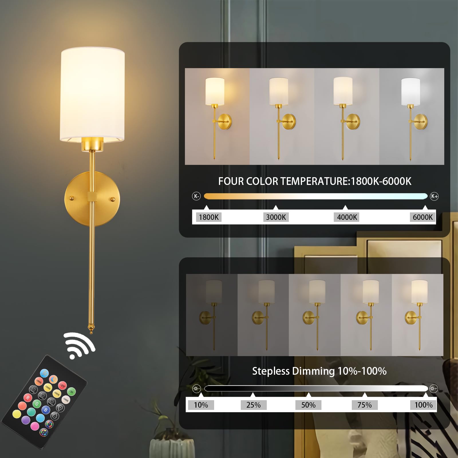 KARTOOSH Battery Operated Wall Sconces Set of Two, Dimmable 1800K-6000K, 23.6 Inch, Brass, Model ZM213B