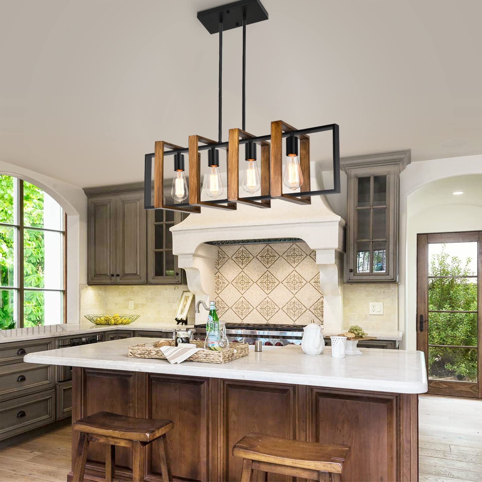 Alynzee Farmhouse Kitchen Island Lighting,31.5'' Adjustable Dining Room Light Fixture,Black 4-Light Chandeliers With Rectangular