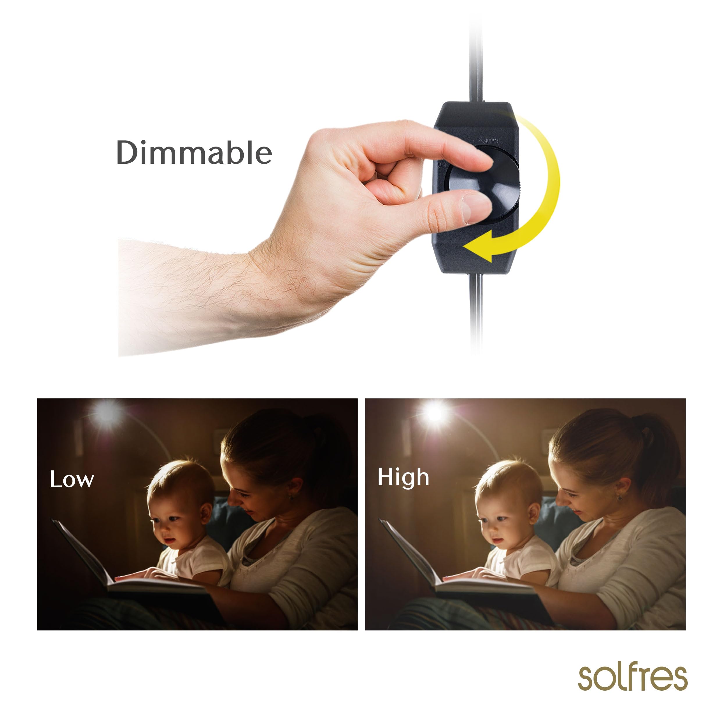Solfres Dimmable LED Reading Light - Innovative Bedtime Book Lamp, Flexible & Movable, Gold, Model Light006, No Drilling, Size L
