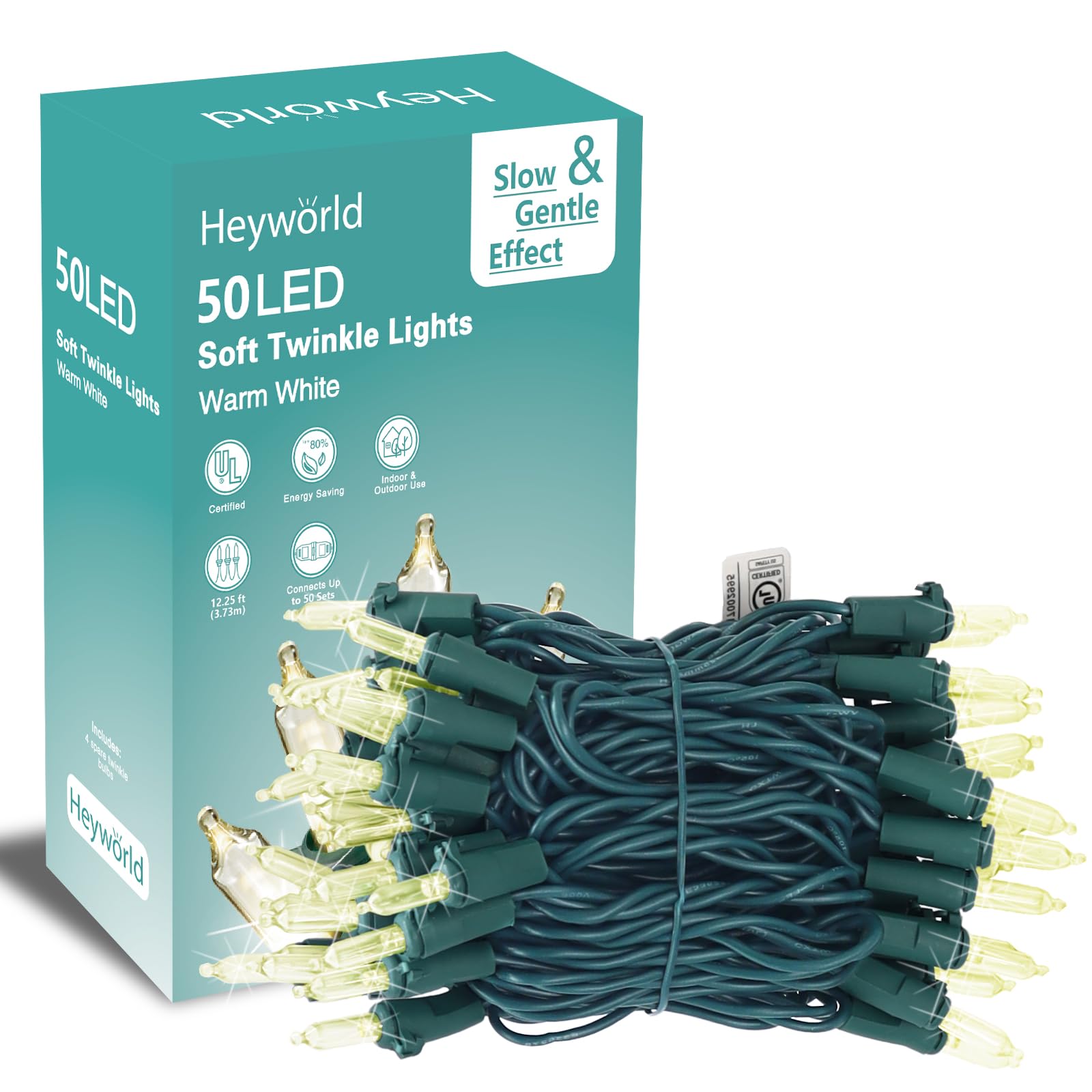 Heyworld Soft Twinkle Lights, 50 Led Slow Twinkling Christmas Lights on Green Wire Cord, UL Approved 14.58 Ft, Connect Up to 50 Sets, Indoor Outdoor Use, Warm White