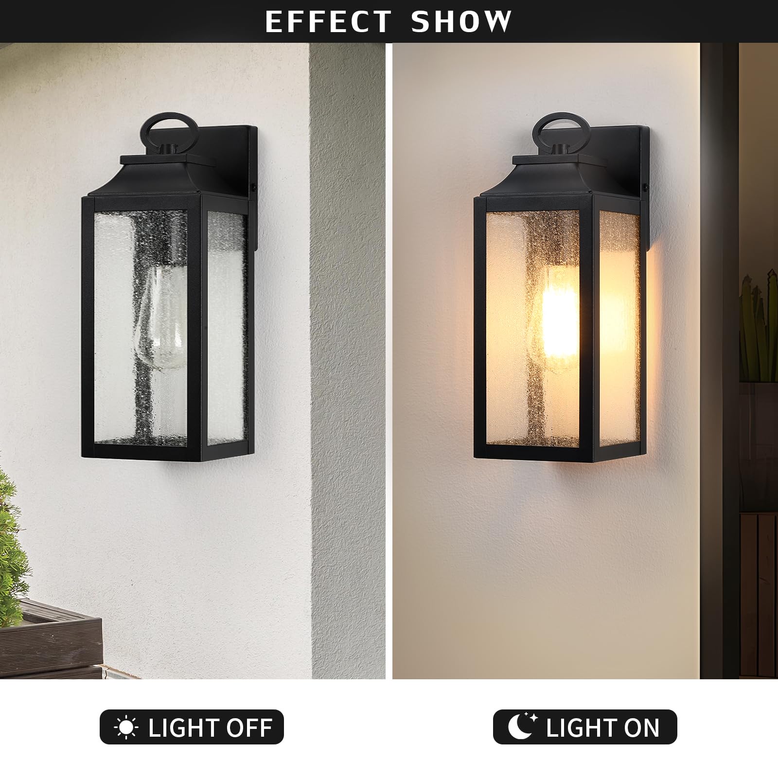 Yklitg 2 Pack Outdooor Wall Light Fixture,12.63'' Porch Exterior Wall Lantern Lighting,Black Industrial Sconce With Seeded Glass