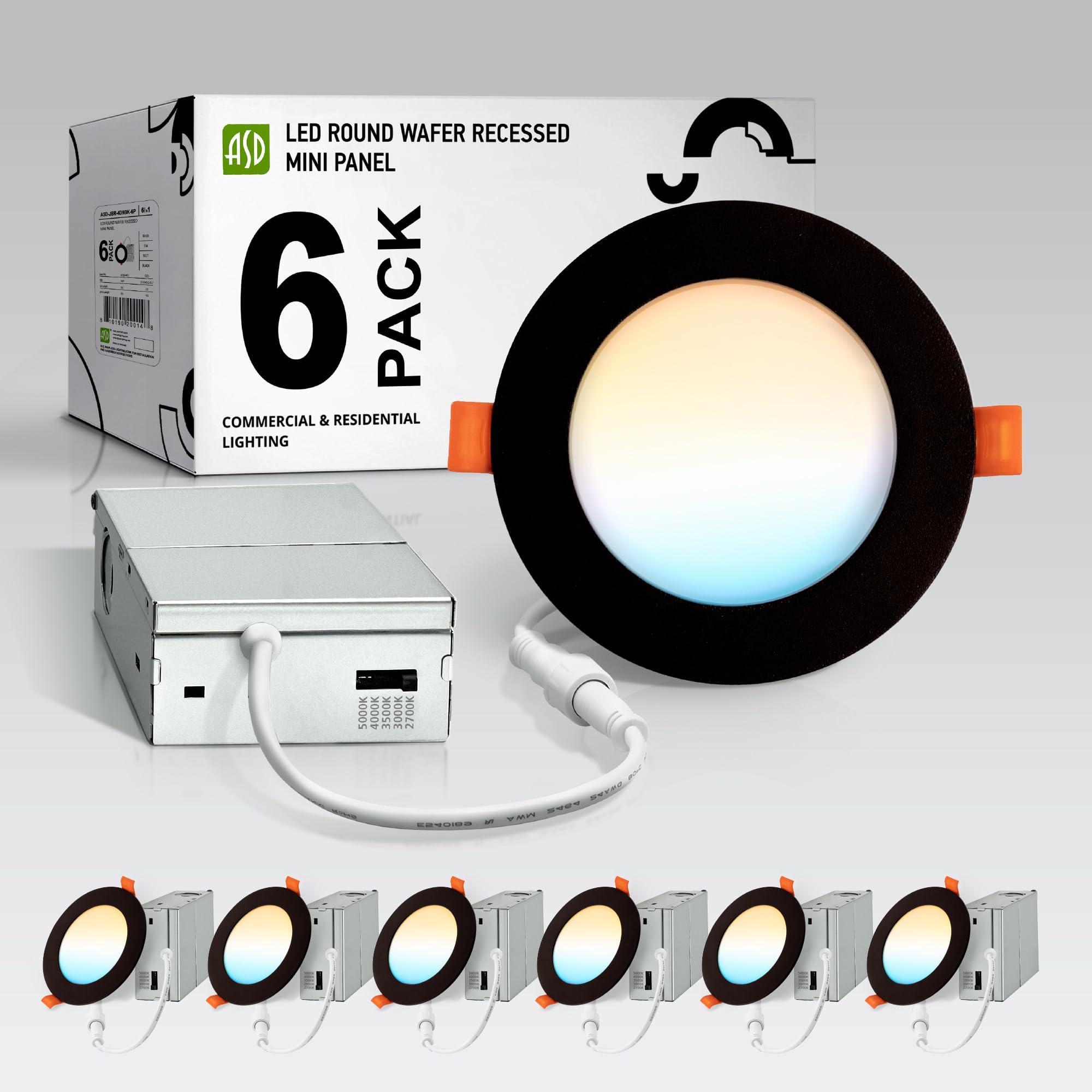 Asd 6 Pack Led Recessed Lighting 4 Inch 9W  5 Cct 2700K-5000K Cri90+  Ic Rated Ultra Thin Dimmable Ceiling Lights With J Box  Canless Wafer Downlight  Round Slim Panel Light  Energy Star Etl  Black