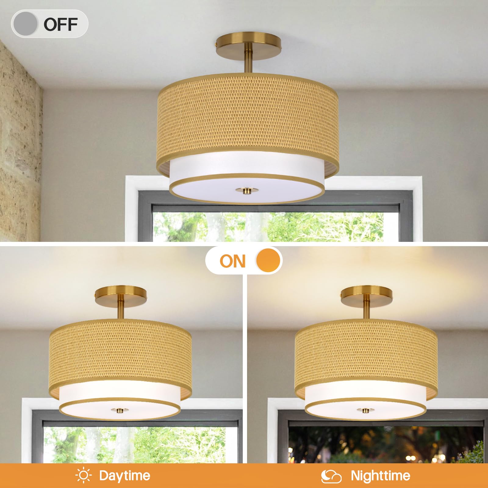 Vexagyle Boho Light Fixtures Woven Rattan-Style Flush Mount Ceiling Light, 12.6Inch Closed To Ceiling Light Fixture With 2-Tier