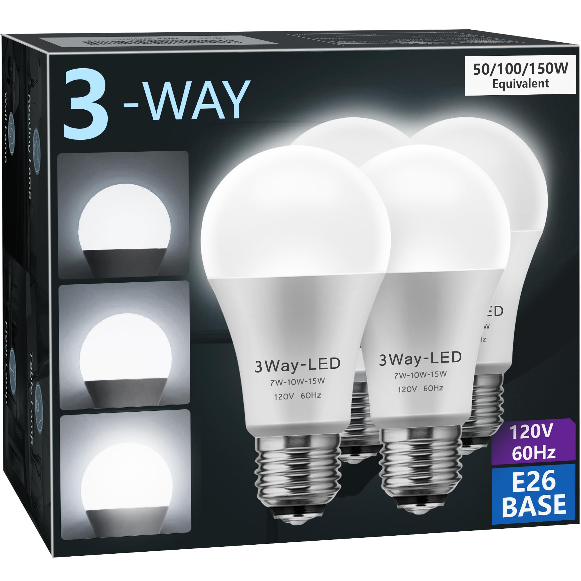 Briignite 3 Way LED Light Bulbs, 50/100/150W Equivalent, Daylight White 5000K, E26 Base, 4 Pack