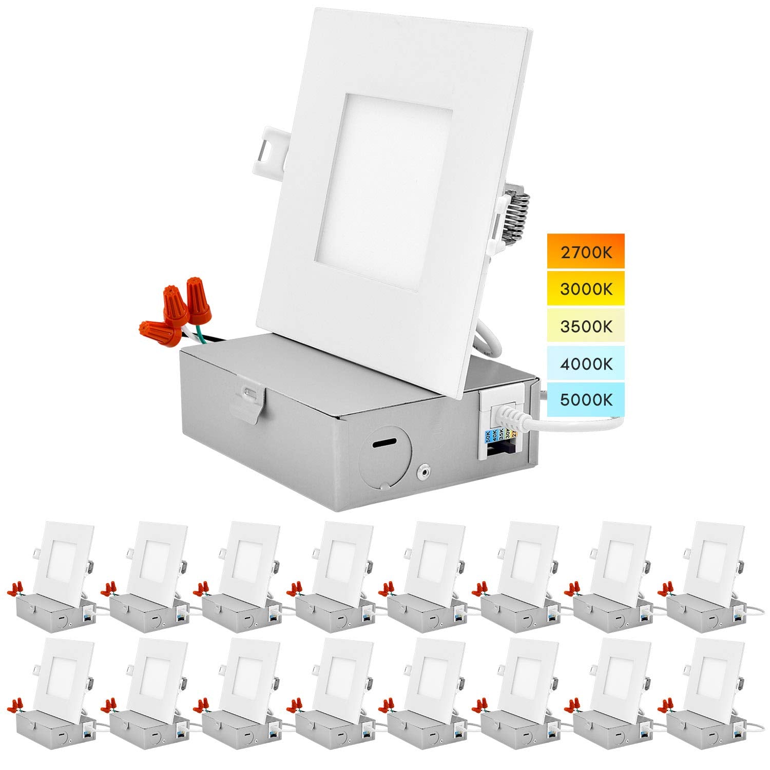 Luxrite 4 Inch Ultra Thin Square Led Recessed Lighting, 5 Color Temperature Options 2700K - 5000K, Dimmable Led Downlight, 10W, Ic Rated, Wet Rated, Canless Led Recessed Light, Etl Listed (16 Pack)