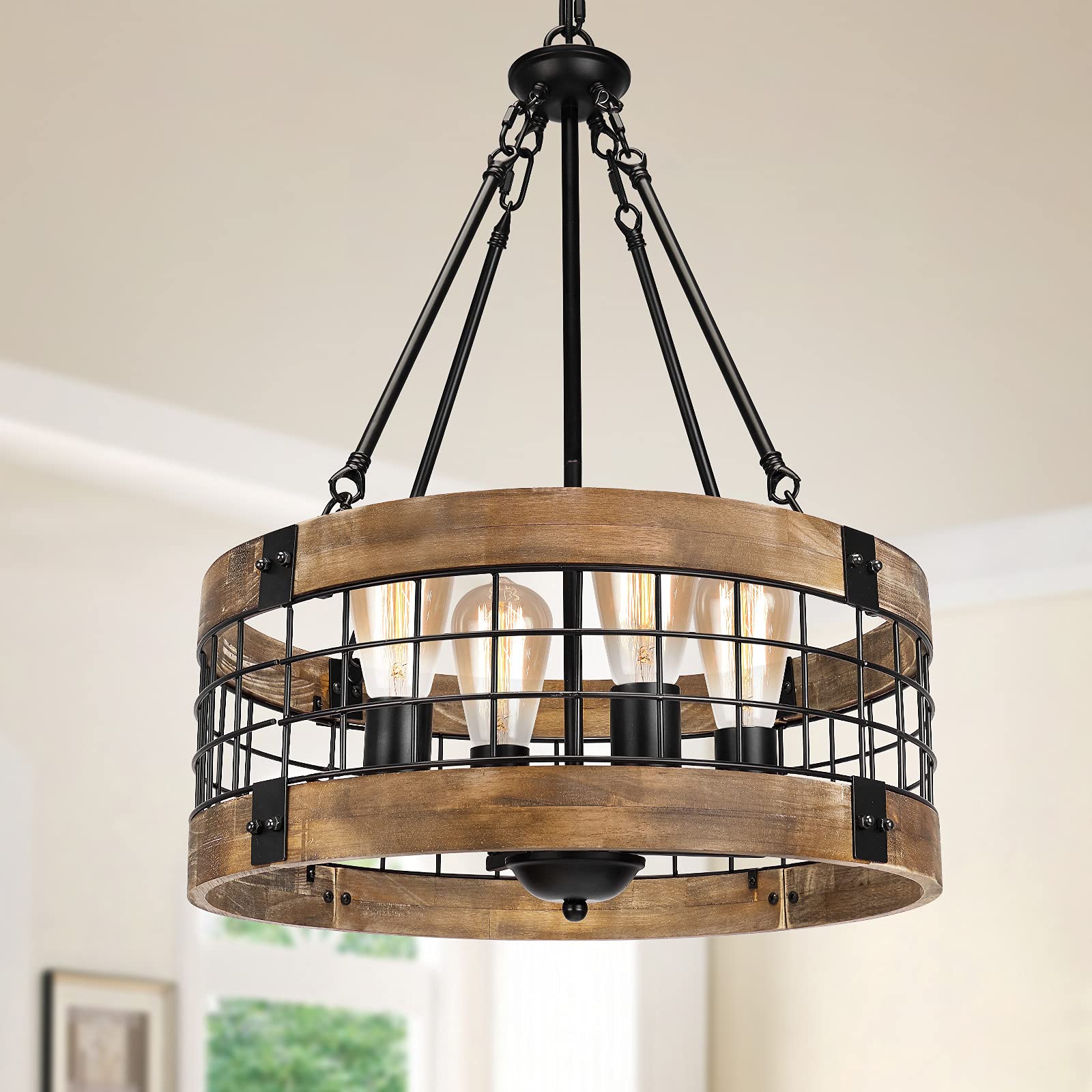 4-Light Rustic Chandelier for Entryway, Round Farmhouse Light Fixtures for Dining Room, Industrial Drum Hanging Pendant Lighting