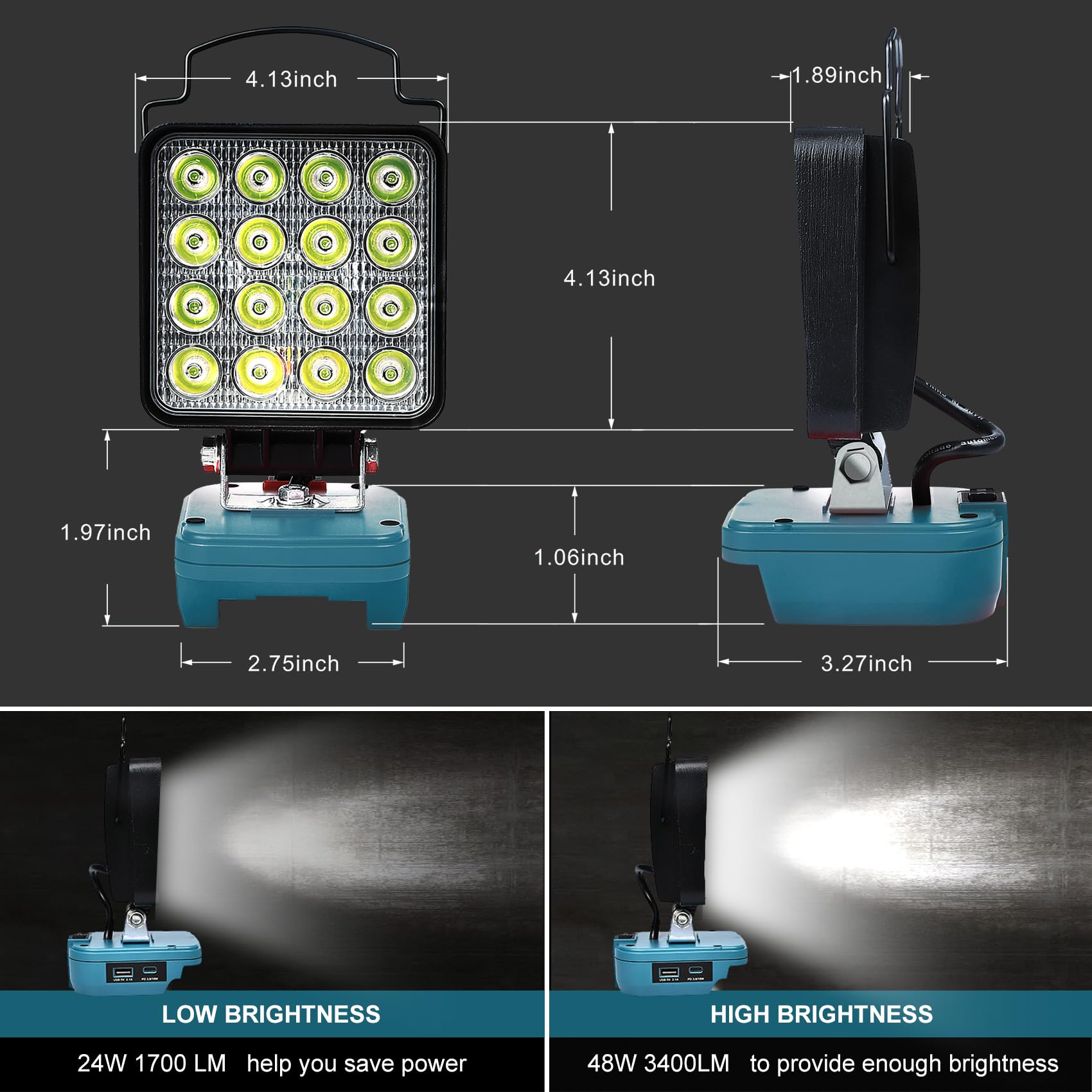 Fiihio LED Work Light for Makita 18V Battery, 48W 3400LM, USB & Type-C Charging, Cordless Handheld Flood Light, Job Site Lighting