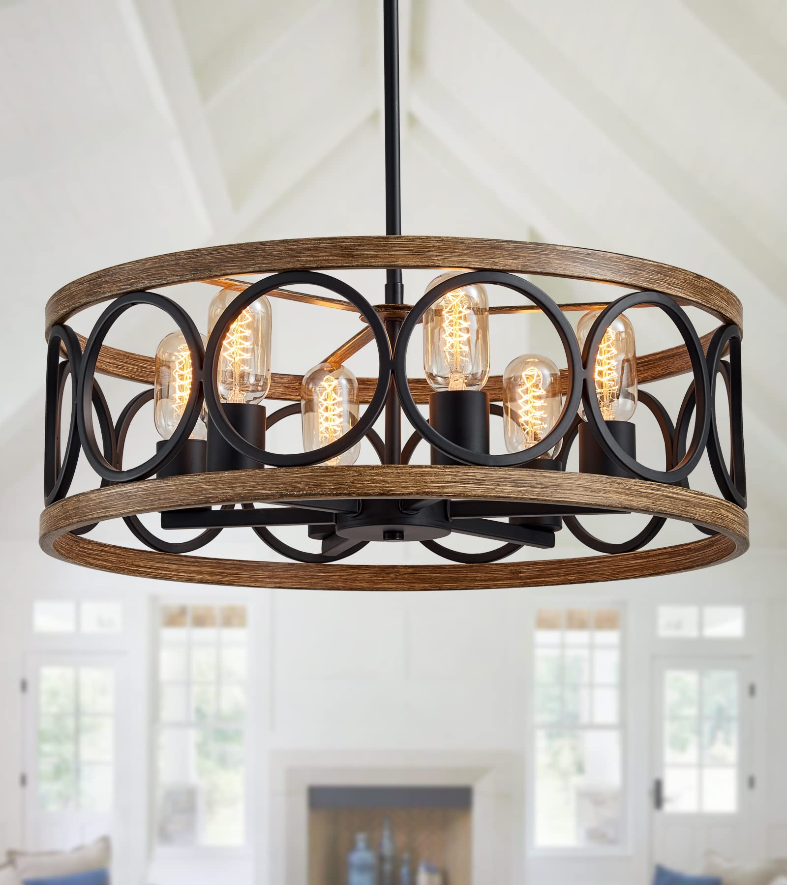 MEIXISUE Modern Farmhouse Drum Chandelier Black and Retro Wood Finish 6-Lights Round Metal Antique Vintage Chandelier Light Fixt