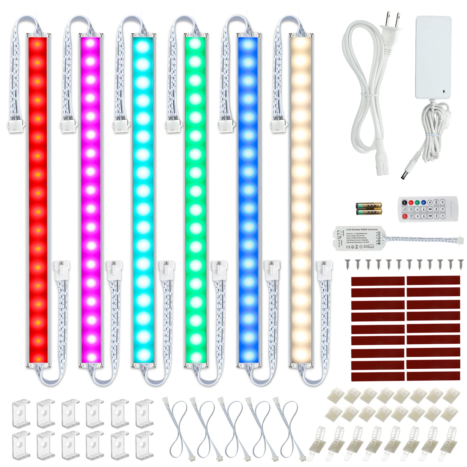 Kitchen Under Cabinet Led Light. Rgbw. Color Change & Super Bright Cool White Light. Remote With Dimming. 6 Led Light Bars With