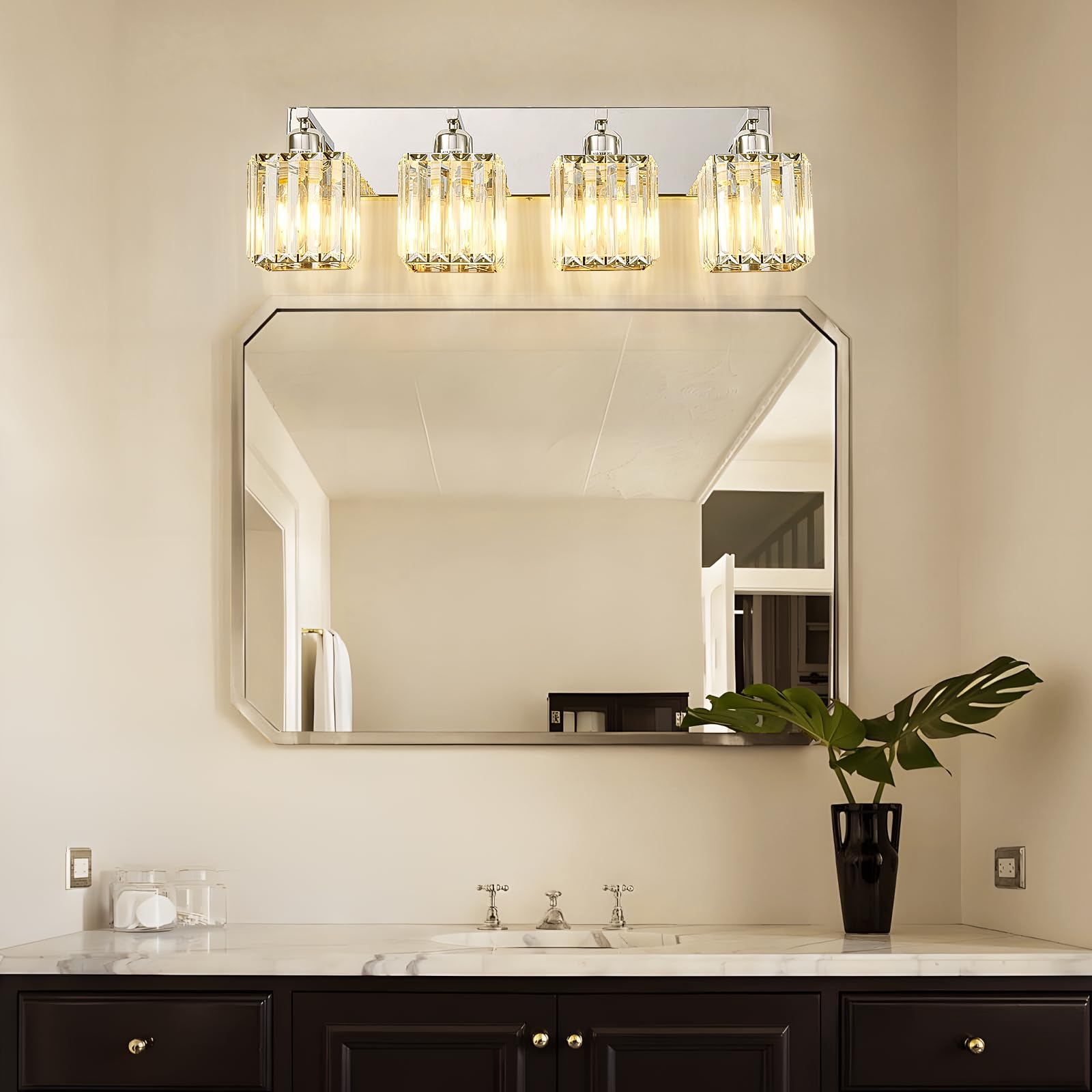 Aixialin 4-Light Chrome Bathroom Vanity Light Fixture, Modern Crystal Design, Model 600-100-1020, Metal Material