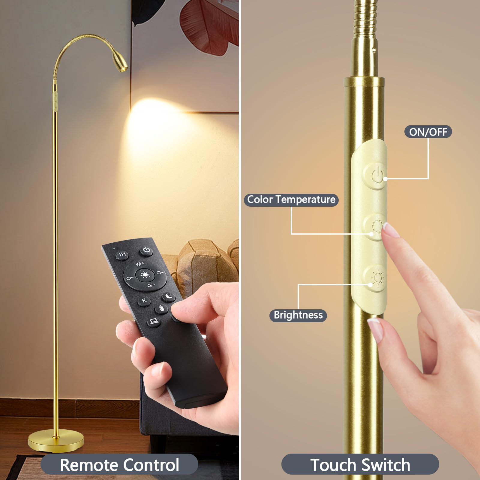 AUZONIMICS Reading Floor Lamp - 72" Tall LED, Flexible Gooseneck, Dimmable, Light Gold, Model FLL-007-F2-GD