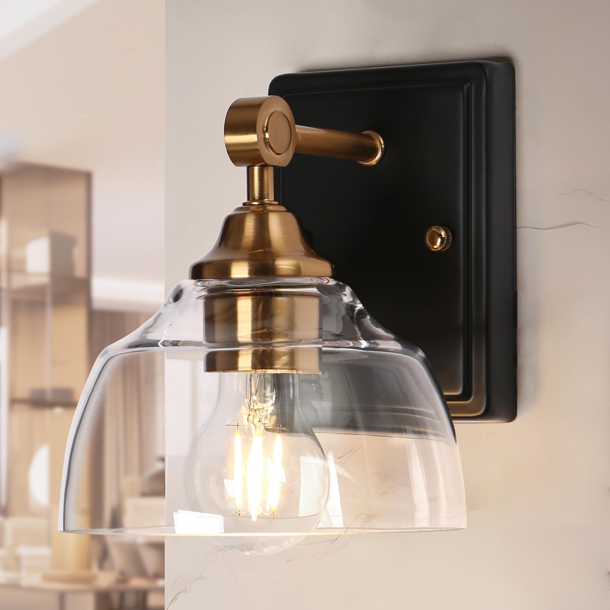 Ksana Sconces Wall Lighting, 1-Light Black And Gold Wall Sconce Light, Modern Bedroom Bathroom Wall Sconces Indoor With Clear Gl