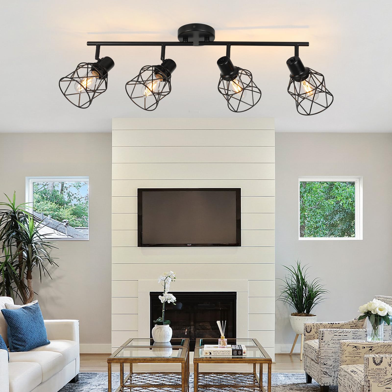Wilon Track Lighting Fixtures Ceiling 4-Light Flush Mount Ceiling Spot Lights, Industrial Track Light Black Kitchen Light Fixtures Rotatable Spotlight For Kitchen Hallway Living Room (E26 Base)