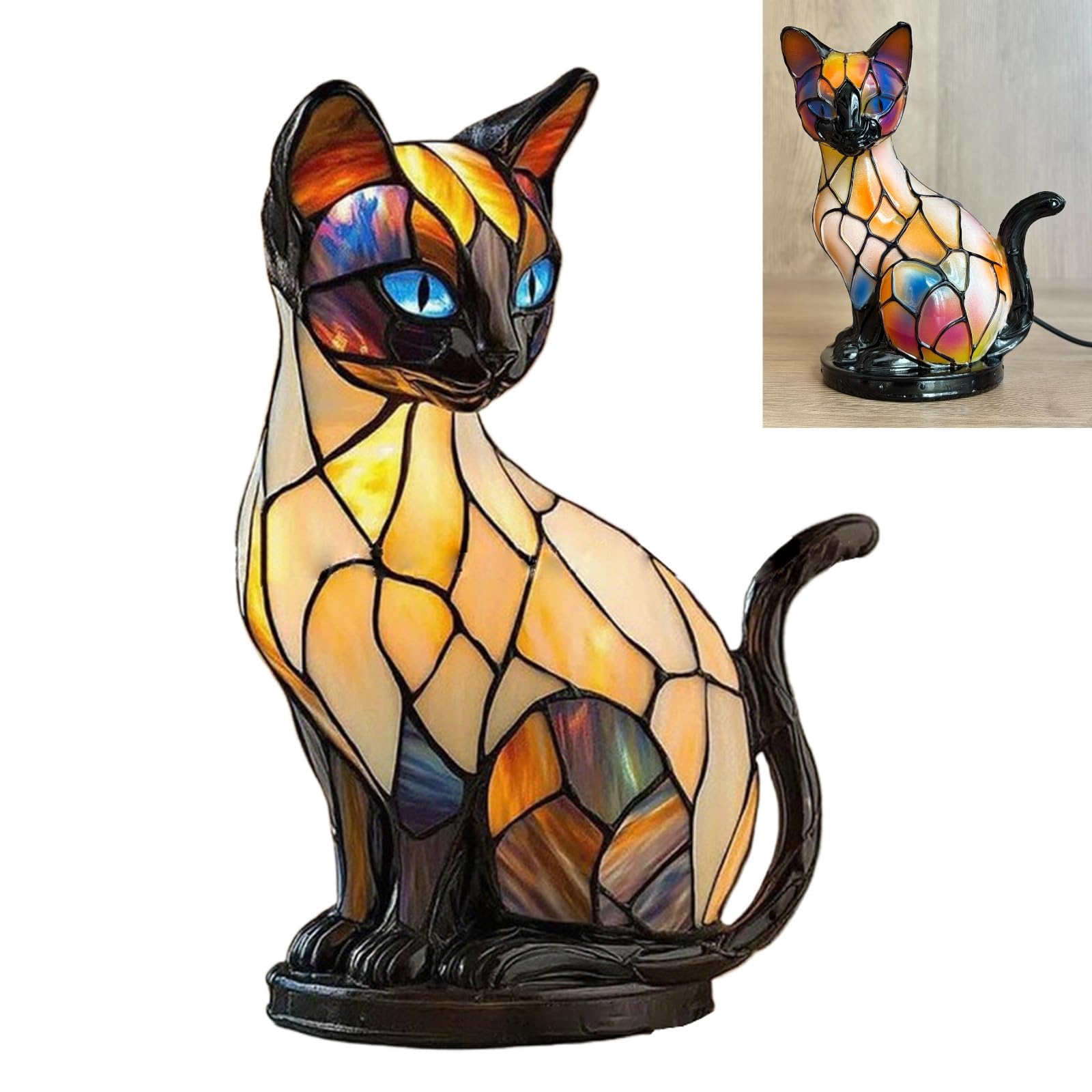MiYarBoO Cat Lamp, Stained Glass Cat Lamp, Decorative Resin LED Night Light for Cat Lovers, USB Vintage 3D Table Lamp Cozy Glow 