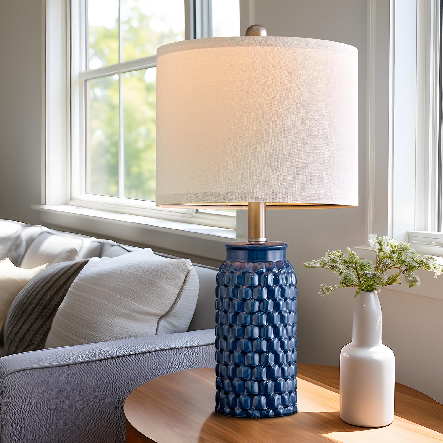 USumkky Ceramic Bedside Lamp Set of 2, 20.5" Dark Blue, Modern Farmhouse Decor, Model 1092