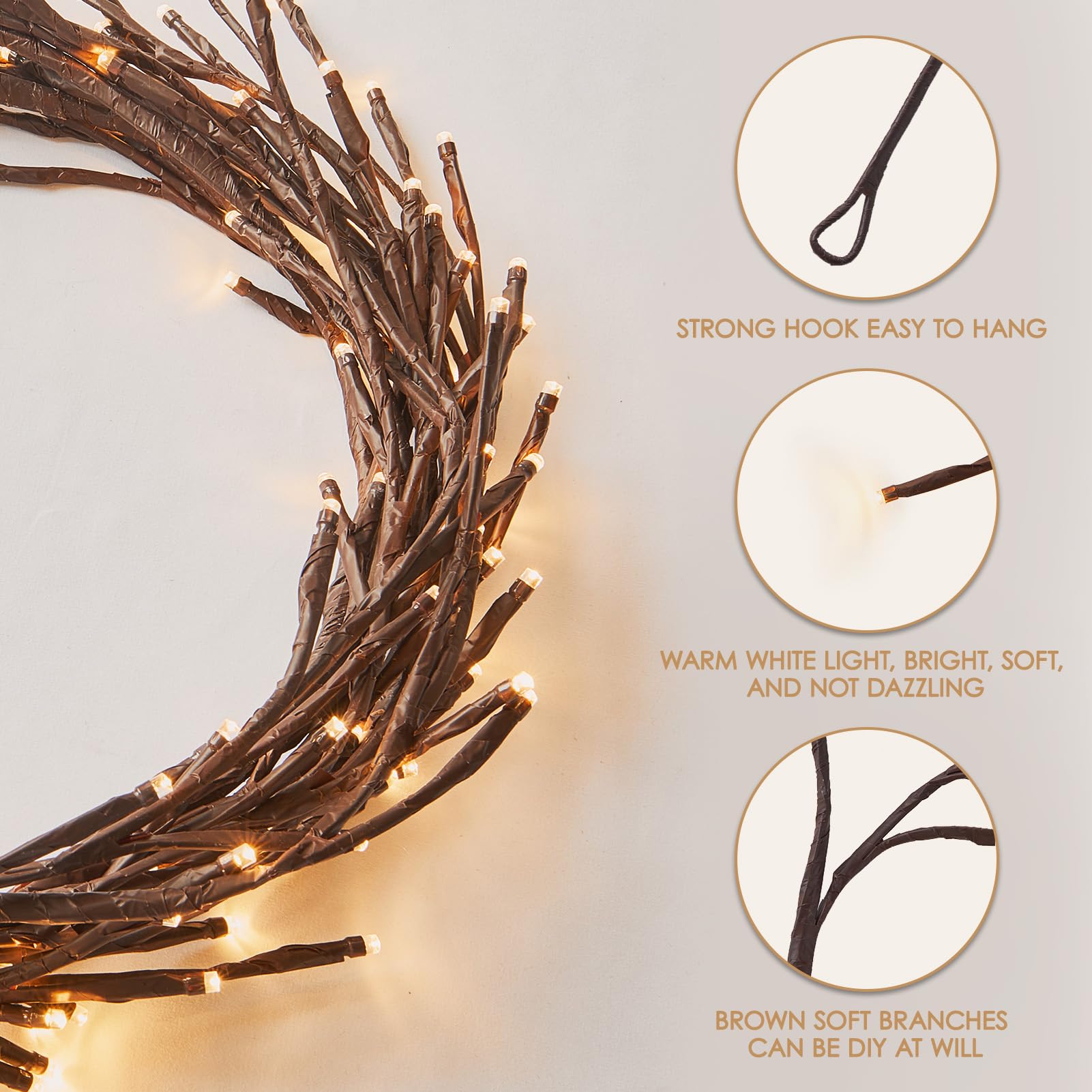 Bexdir 9.3ft Enchanted Willow Vine Lights, 160LED Indoor Decor, Brown, 8 Modes & Timer, Model 001