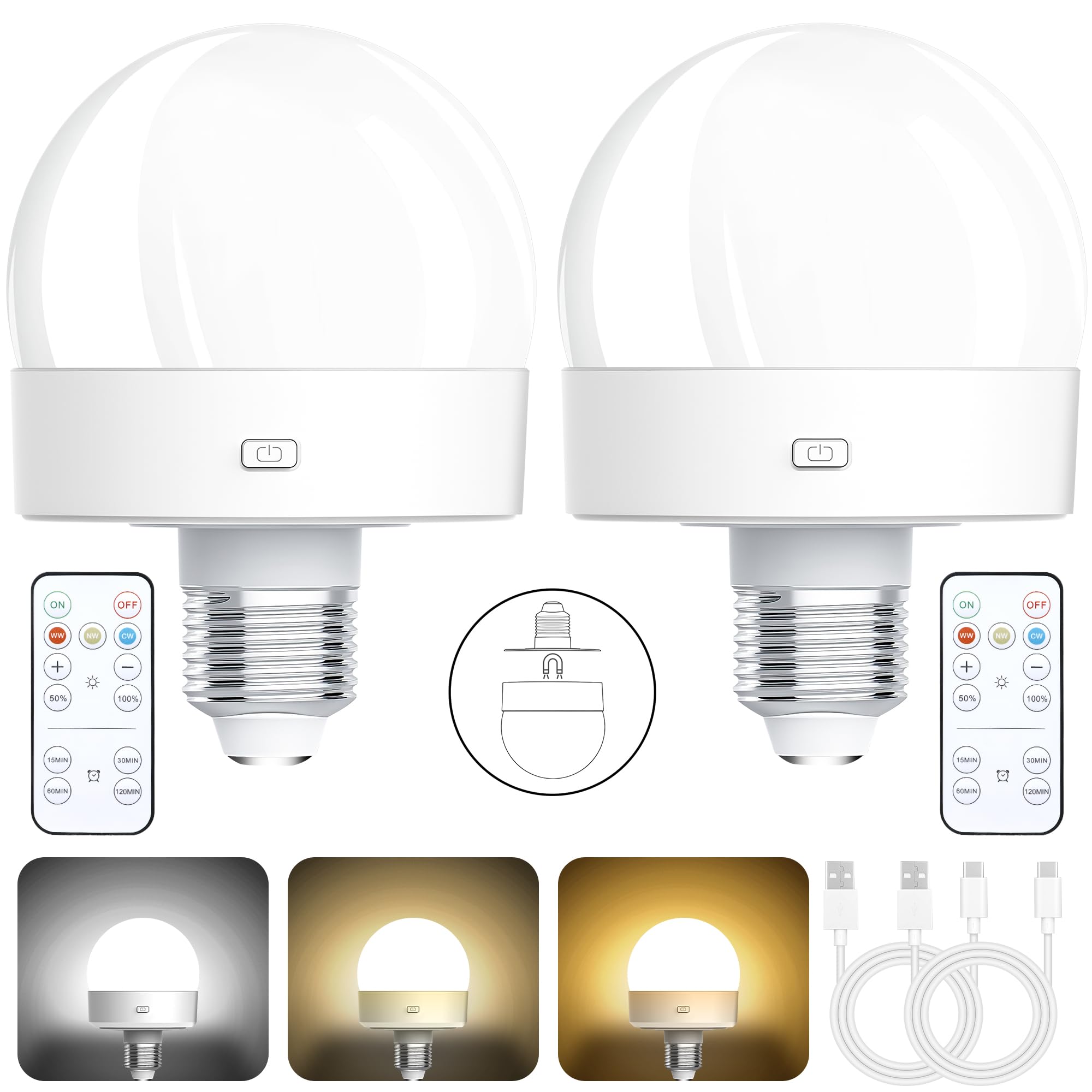Kandicyar Rechargeable LED Light Bulbs, Dimmable with Remote, E26 Socket, 2 Pack, White, Model KA0024A2