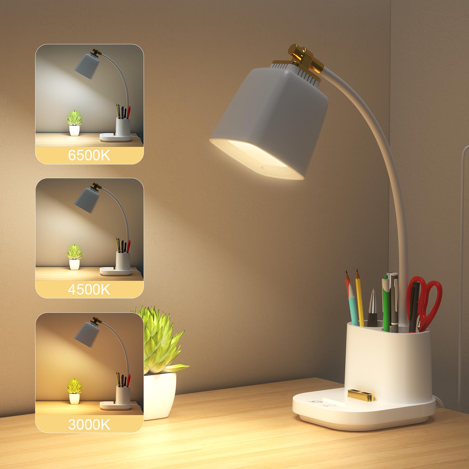 Led Desk Lamp With Usb Charging Port & Pen Holder, Dimmable Reading Light, Small Touch Table Lamp For Bedside Office Home Study