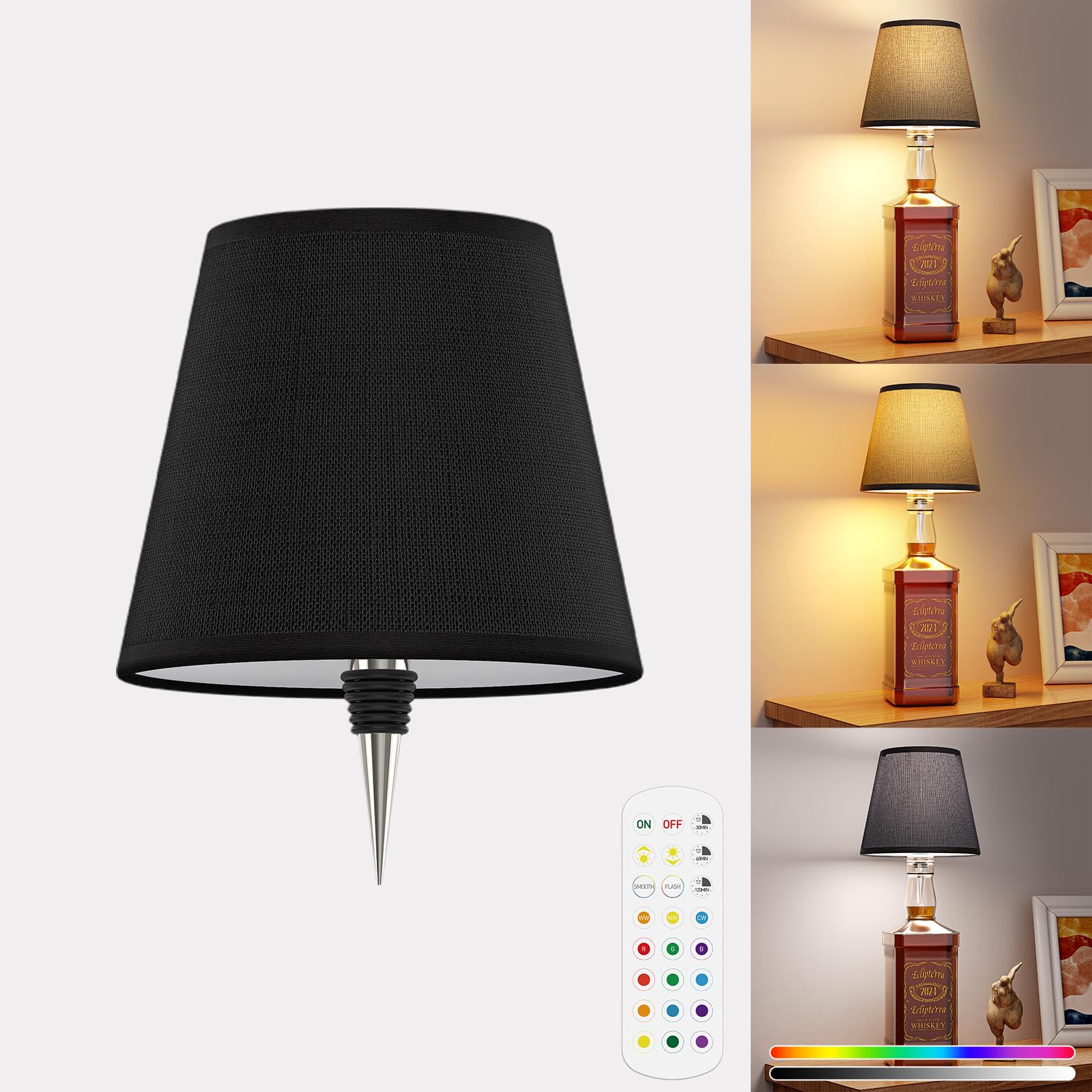 Eclipterra Cordless LED Bottle Lamp, 5000mAh Battery, Portable Wireless Table Lamp, 1 Pack, Black, Model EC-Wall Sconce 01