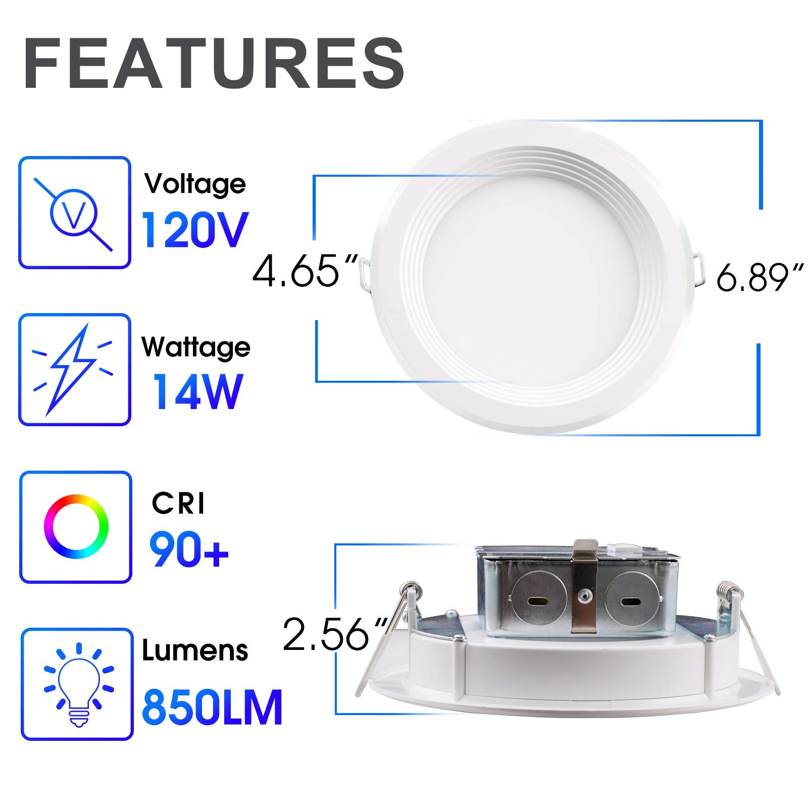 5CCT LED Slim Recessed Lighting, 6 inch Downlight, 14W=85W, Dimmable, 850LM CRI 90+, 2700K/3000K/4000K/5000K/6500K Selectable, S
