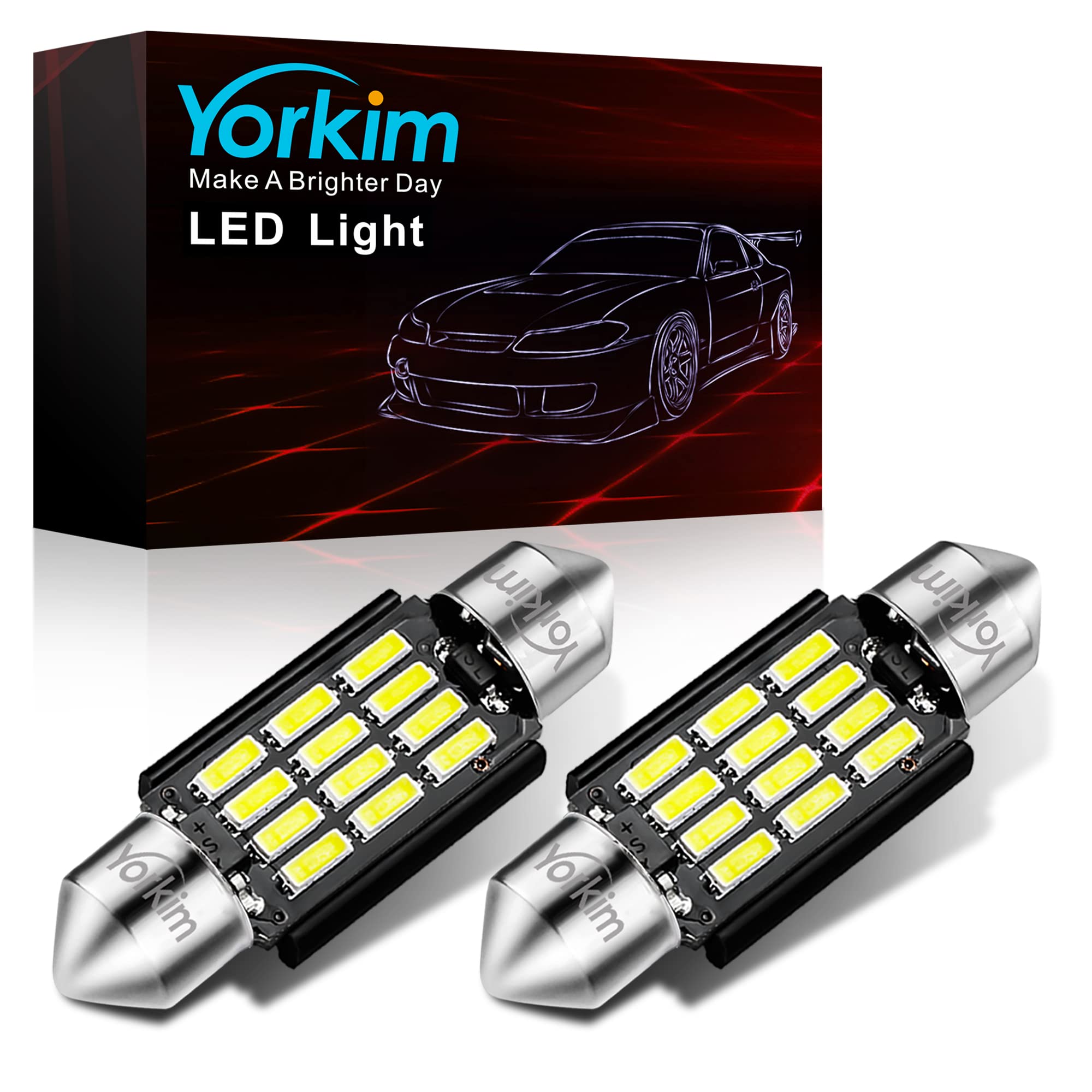 Yorkim LED Bulb 36mm C5W Festoon 12-SMD 4014 Chipsets 6500K White Pack of 2