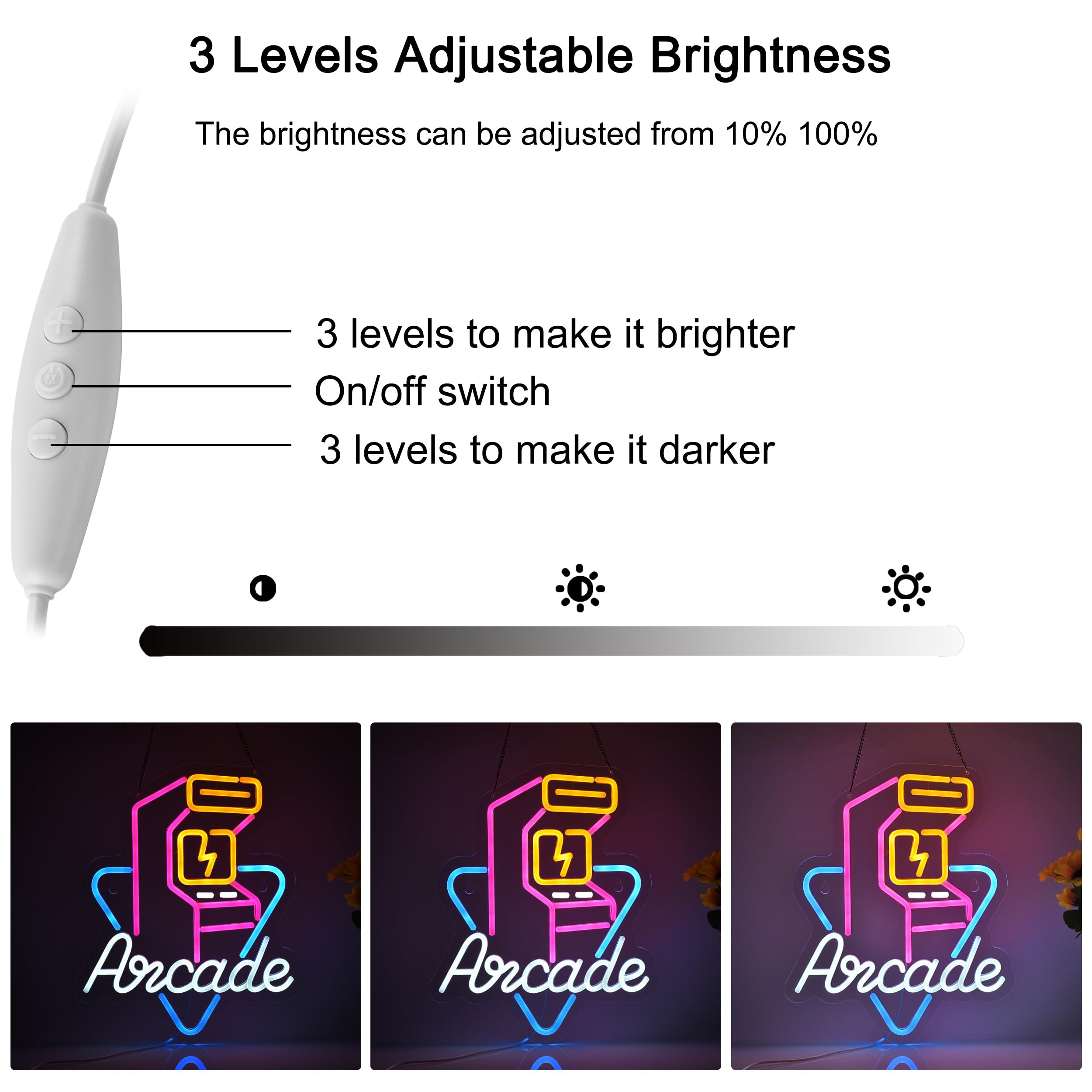 Hoyoelec LED Arcade Neon Sign with Dimmable Switch, 16x13 inches, White/Yellow/Blue/Pink, Decor for Wall Décor