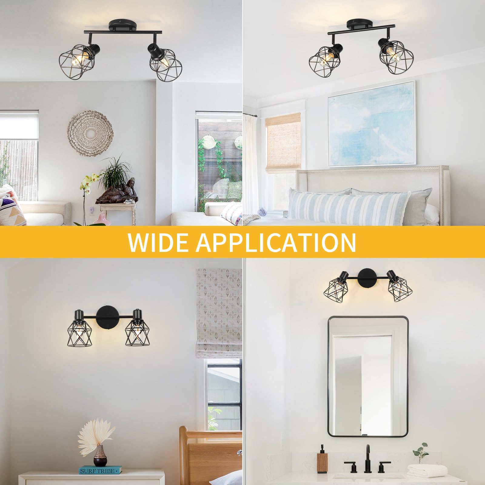 Wilon Industrial Track Lighting Fixtures Ceiling, 2 Light Kitchen Ceiling Light Rotatable Spotlight Fixtrues E26 Base Wall Light
