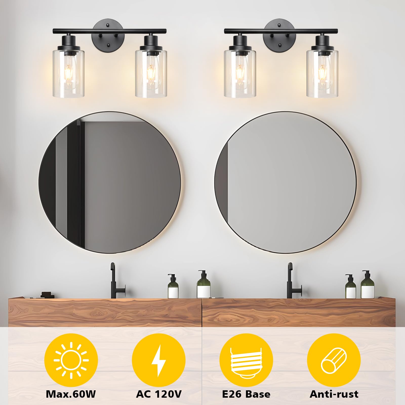 Unicozin 2 Light Vanity Lights, Black Wall Sconce Light With Clear Glass, Bathroom Light Fixtures, Wall Lights For Mirror, Livin