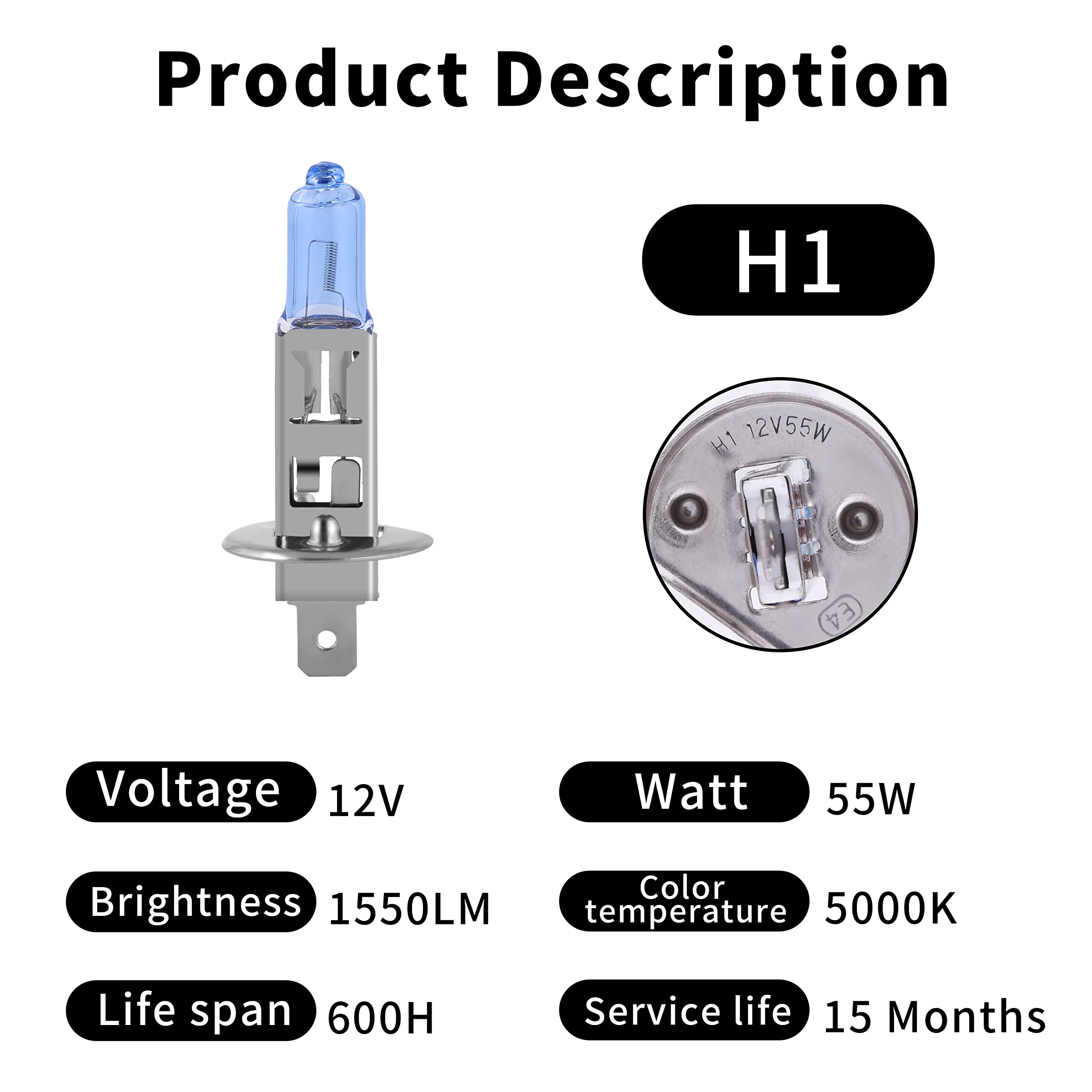 Newbrown H1 Halogen Headlight Bulb With Super White Light Long Life Replacement P14.5S 12V/55W (2 Pack)